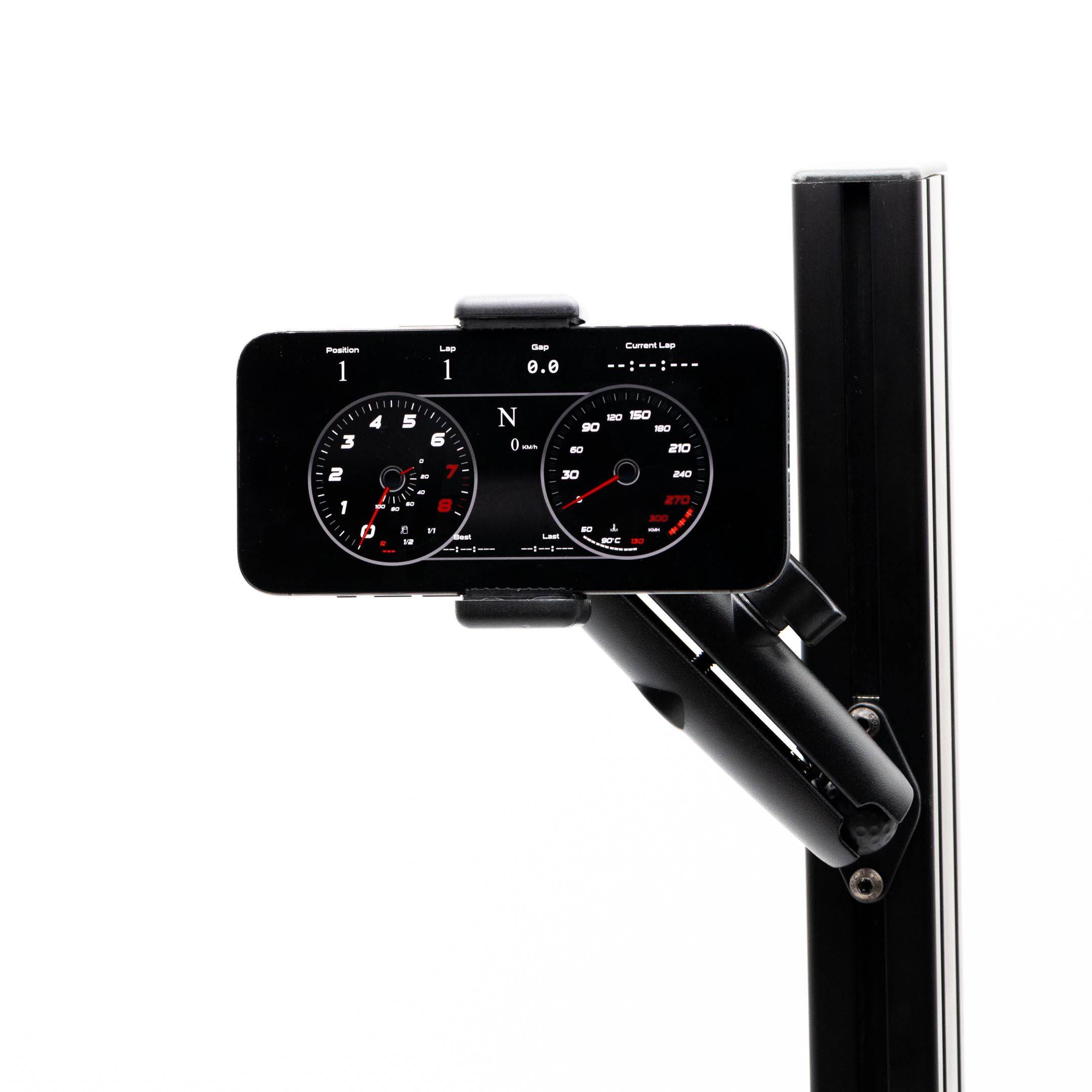 SimSportGadget phone mount with premium articulating aluminum arm, adjustable for secure phone positioning.