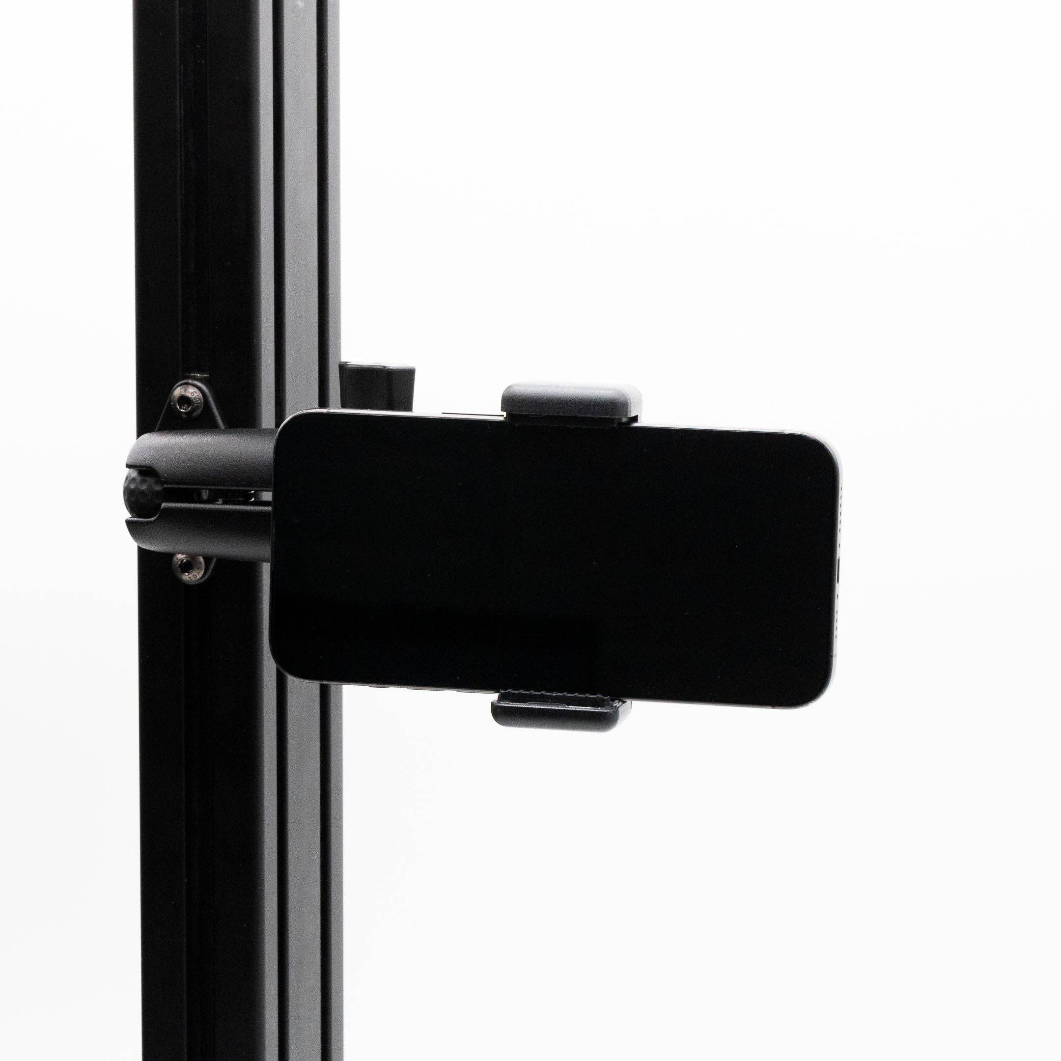 SimSportGadget phone mount with premium articulating aluminum arm, securely holding a smartphone in a versatile adjustable position.