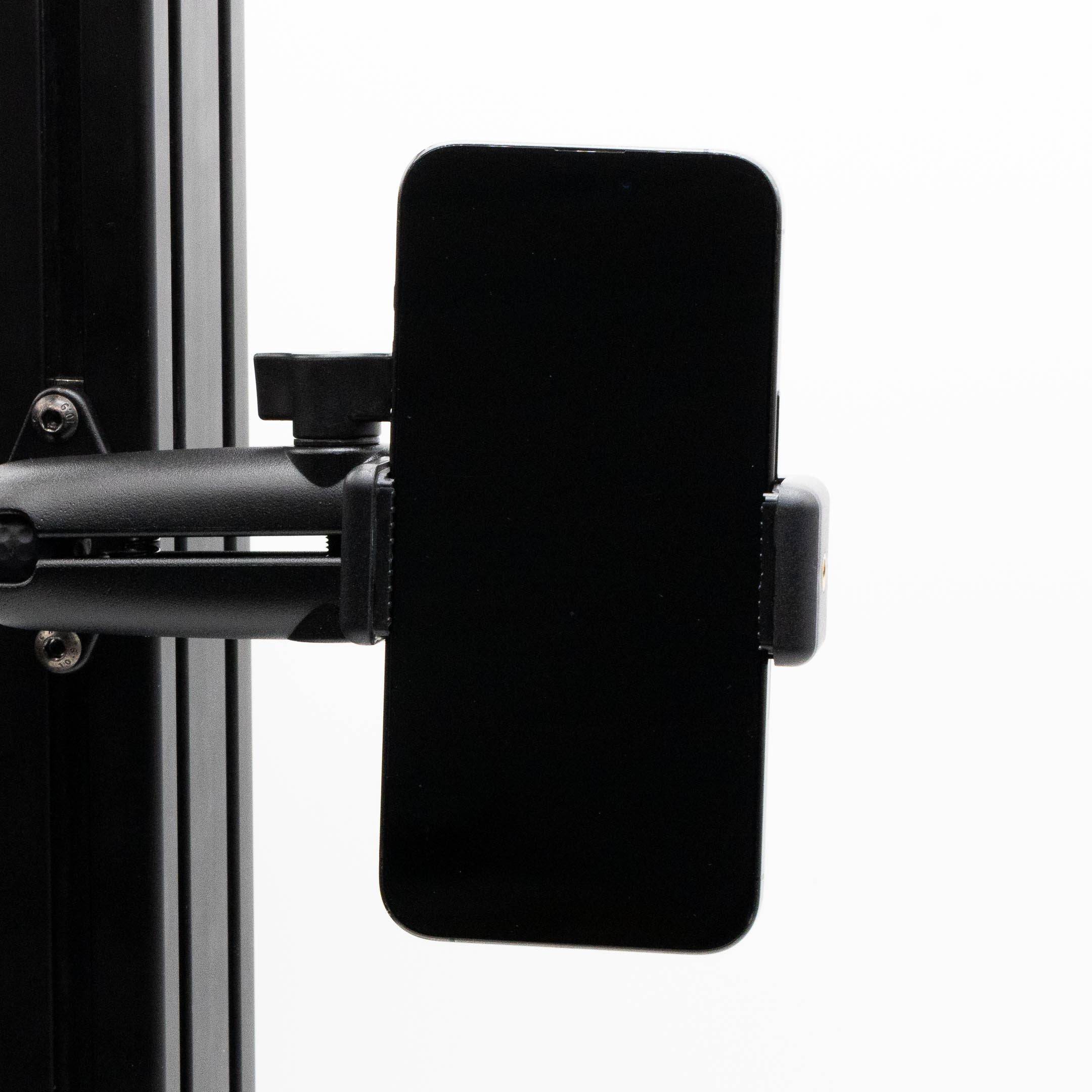 SimSportGadget phone mount with premium articulating aluminum arm, adjustable for secure smartphone placement.
