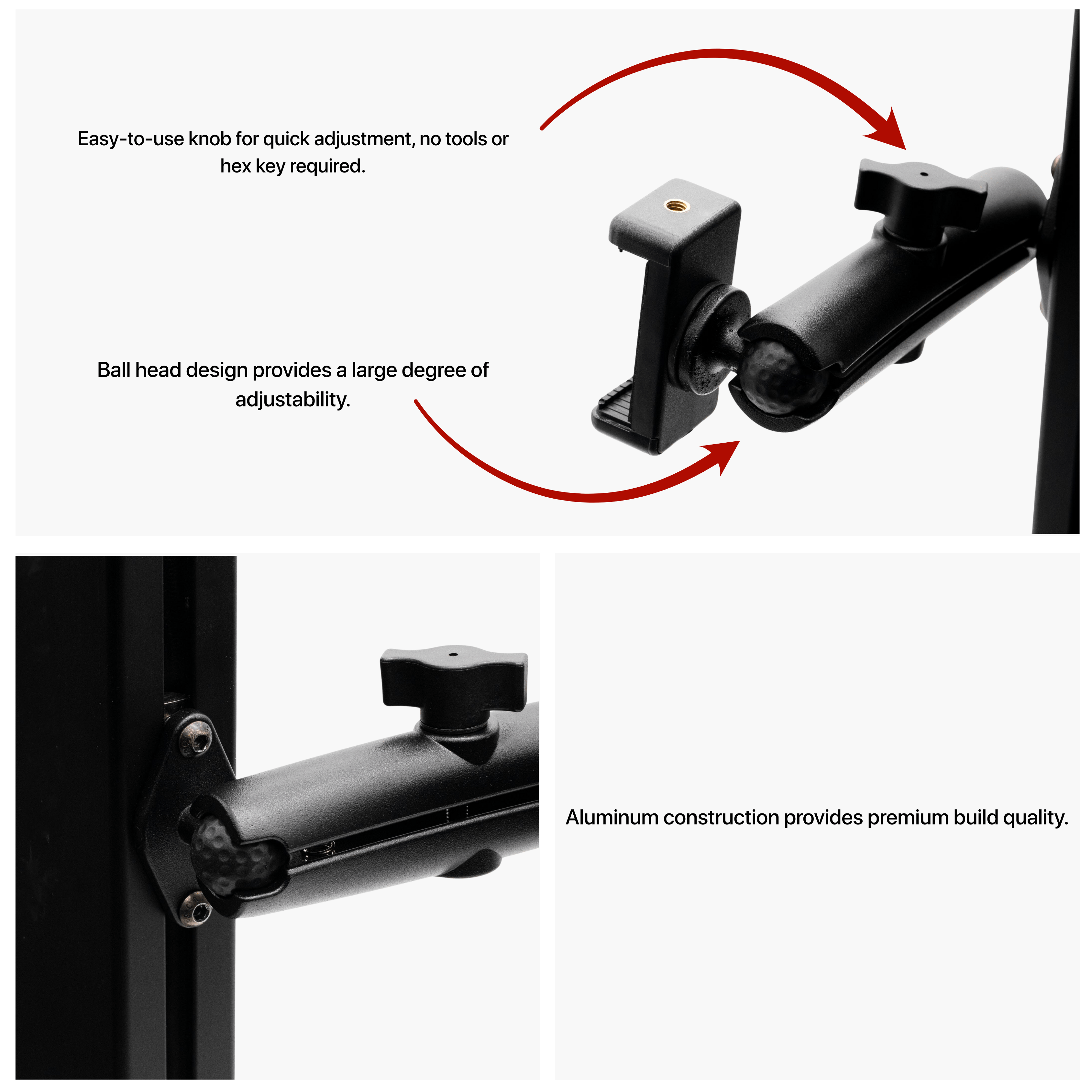 SimSportGadget phone mount with premium articulating aluminum arm, adjustable for secure smartphone positioning.