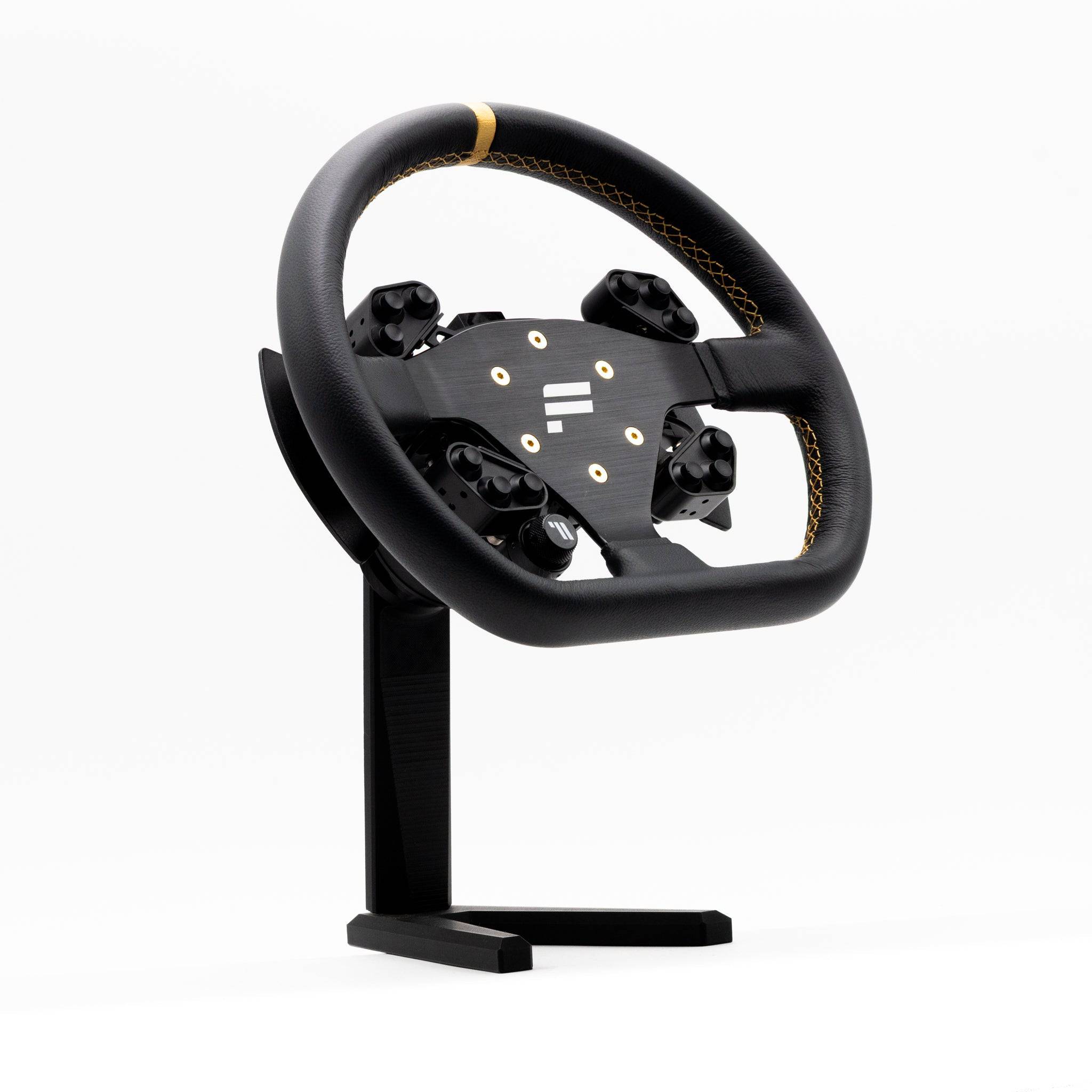 SimSportGadget Fanatec QR Wheel Display Stand for sim racing steering wheels, showing sturdy wheel mount design.