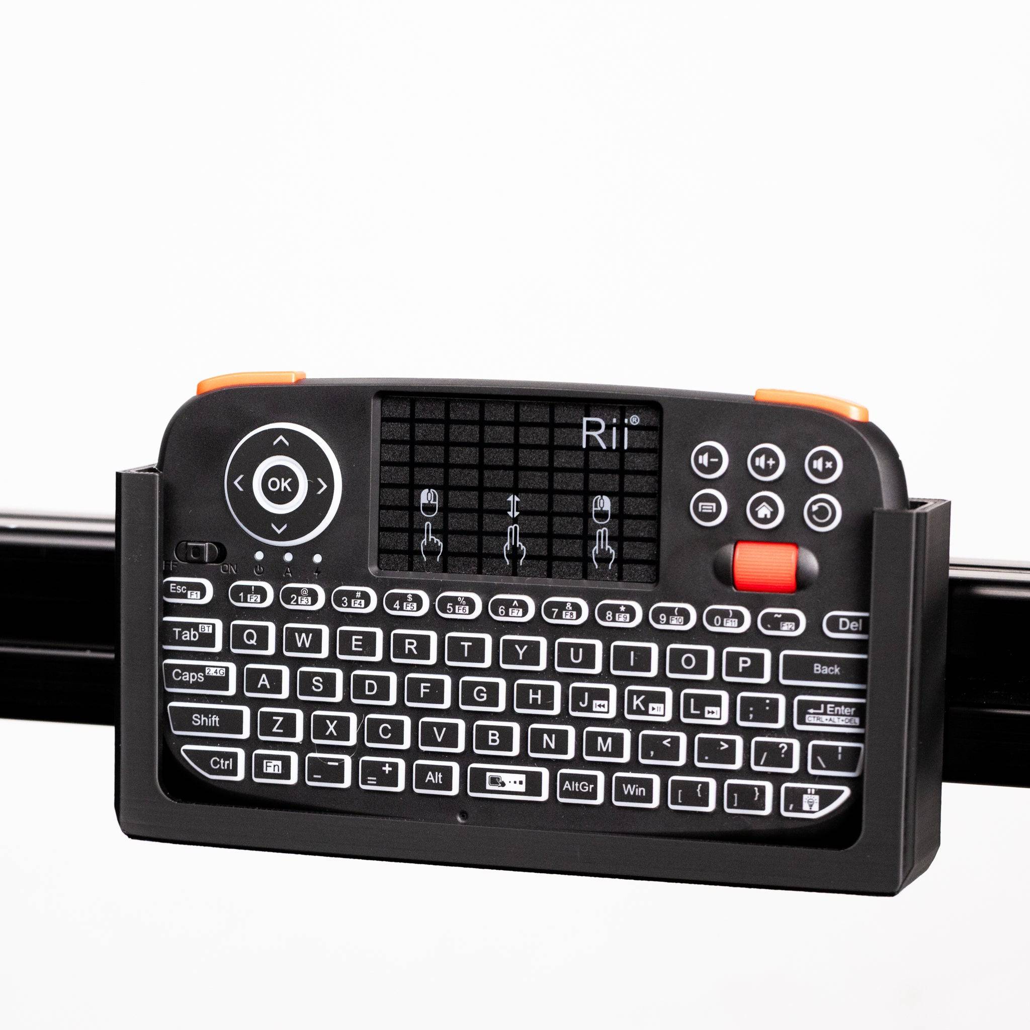 SimSportGadget Rii i4 Mini keyboard holder mounted on a desk, showcasing a compact keyboard mount for ergonomic setup.