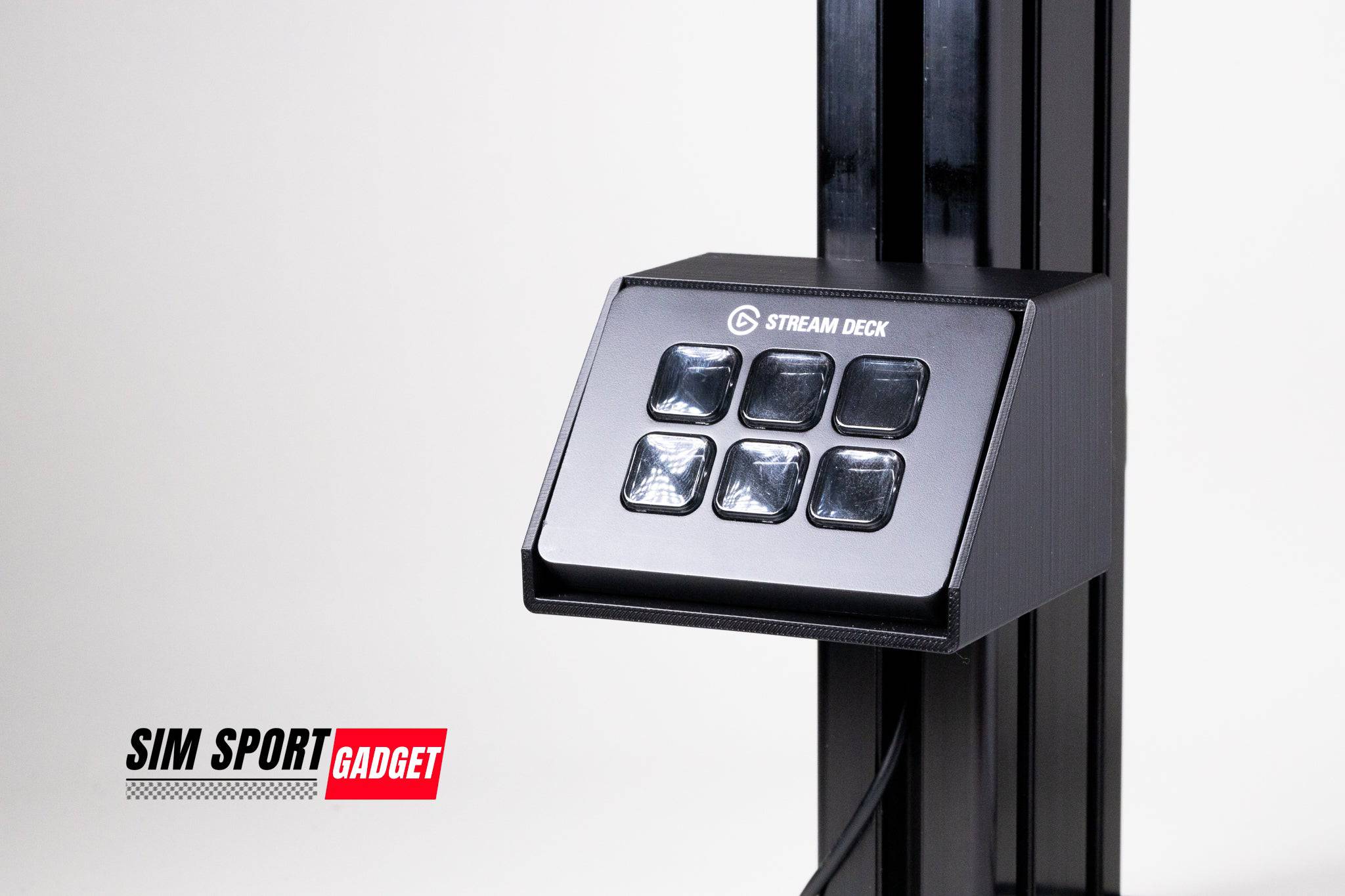 SimSportGadget Stream Deck Mini enclosure with optional swivel mount, showcasing a compact, protective case with mounting option.