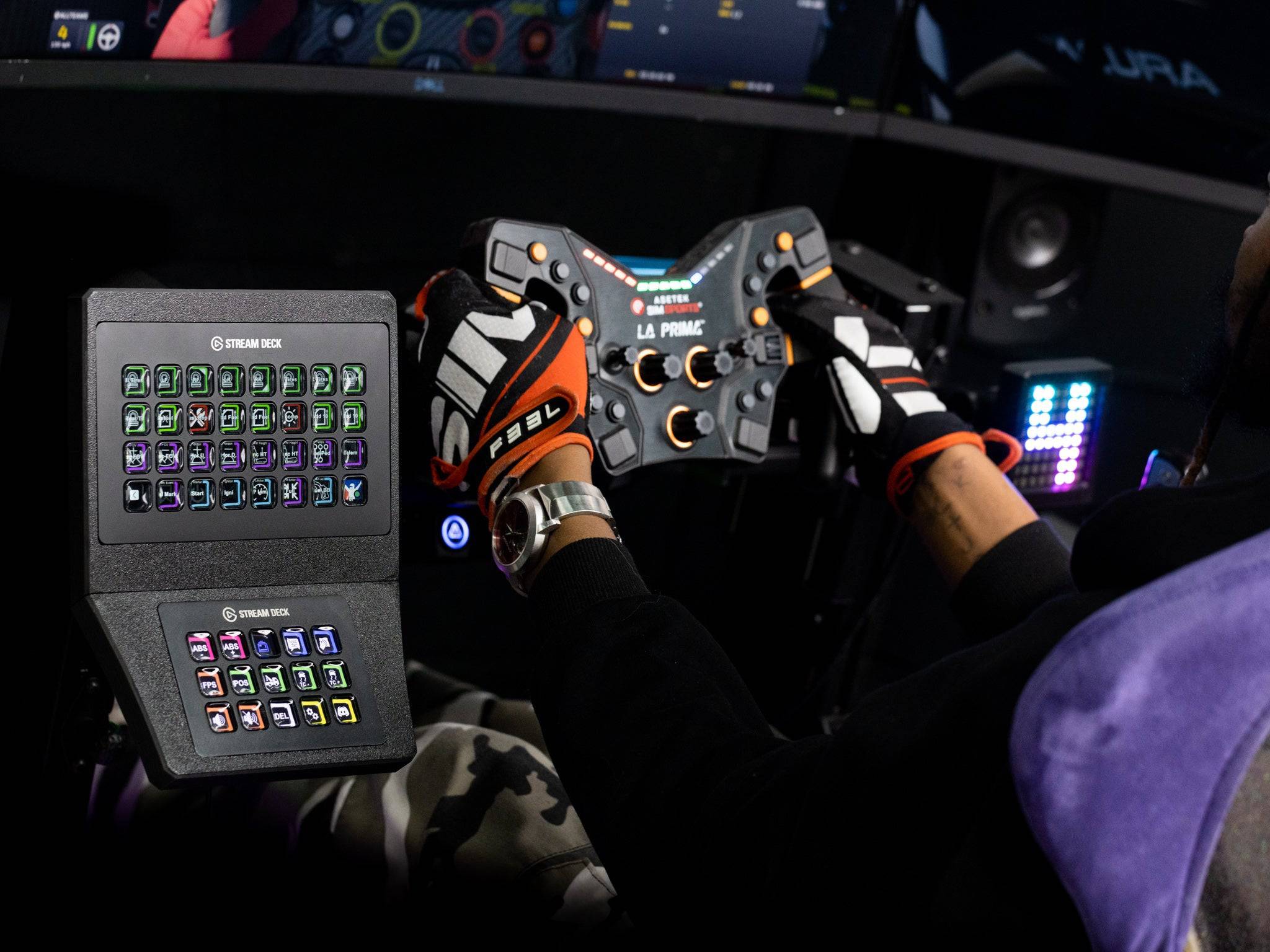 SimSportGadget Stream Deck XL and MK2/MK1 combo console mount mounted on a desk, holding the Stream Deck devices securely.