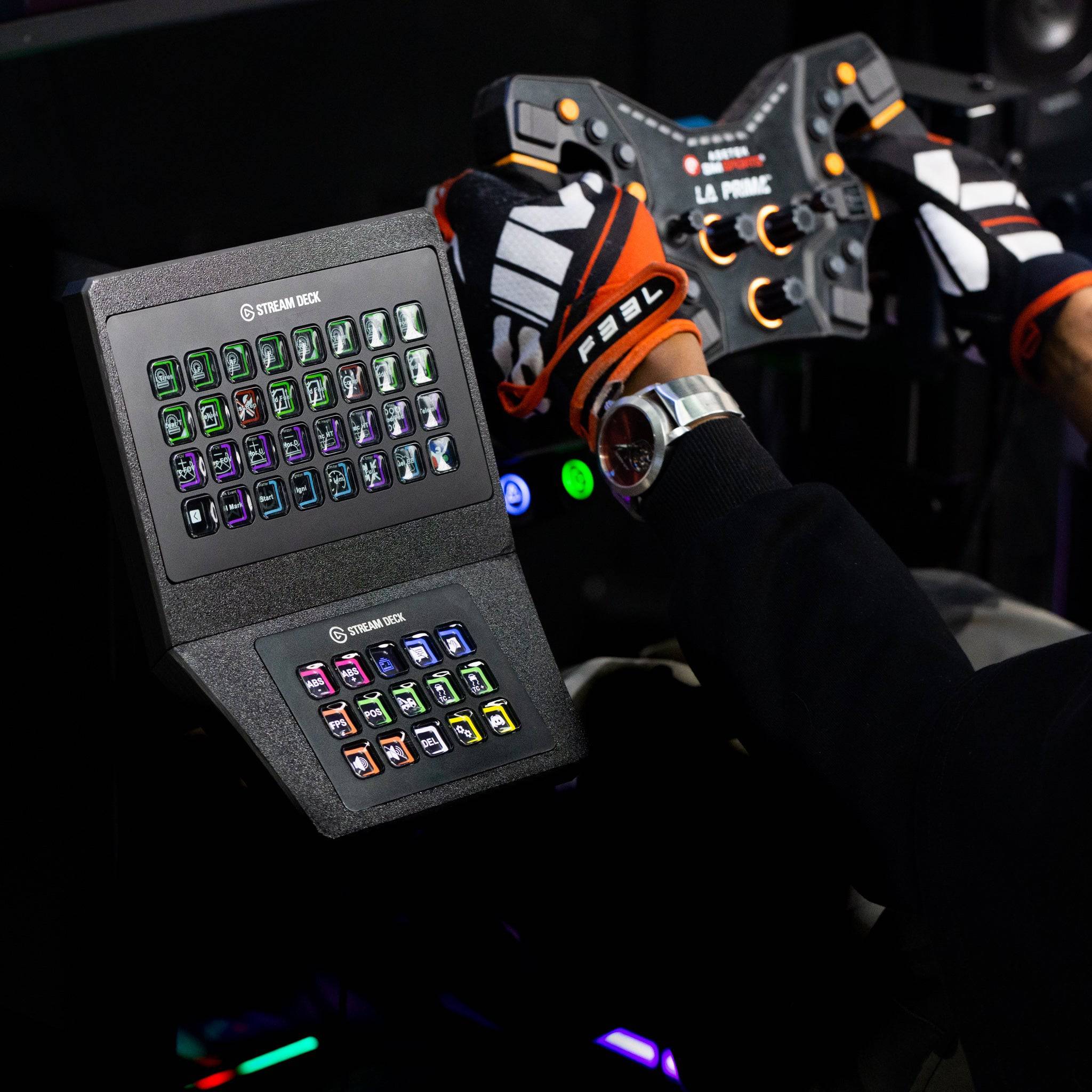 SimSportGadget Stream Deck XL and MK2/MK1 combo console mount, showing adjustable bracket and secure mounting for Stream Deck devices.