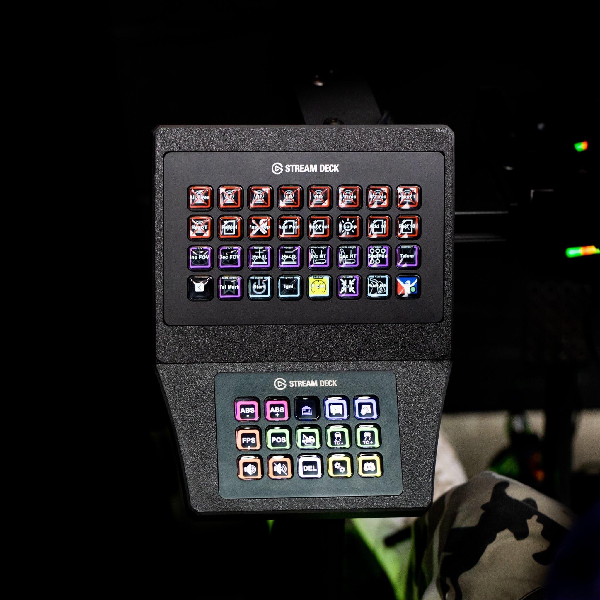 SimSportGadget Stream Deck XL and MK2/MK1 combo console mount with adjustable arms and secure clamps on a desk.