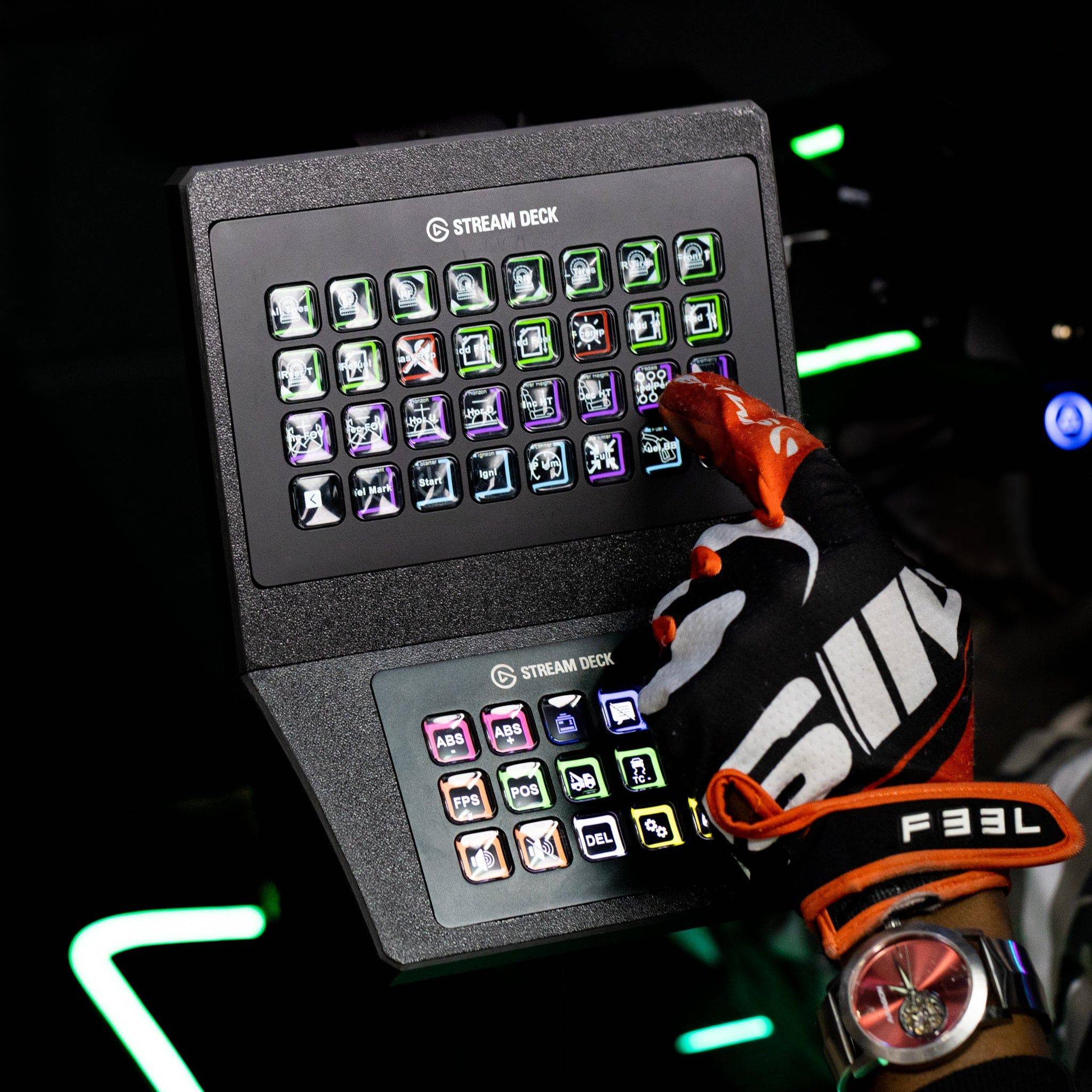 SimSportGadget Stream Deck XL and MK2/MK1 combo console mount with adjustable brackets and secure attachment for streaming setup.