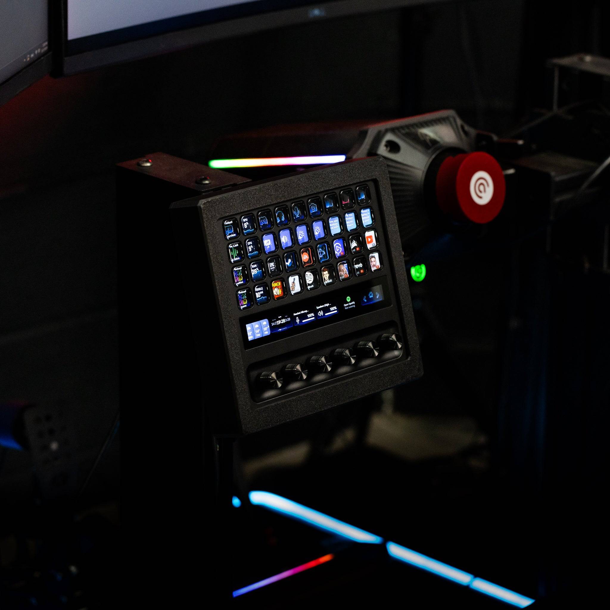 Stream Deck + XL enclosure with metal swivel mount by SimSportGadget, showing the compact setup and durable mounting hardware.