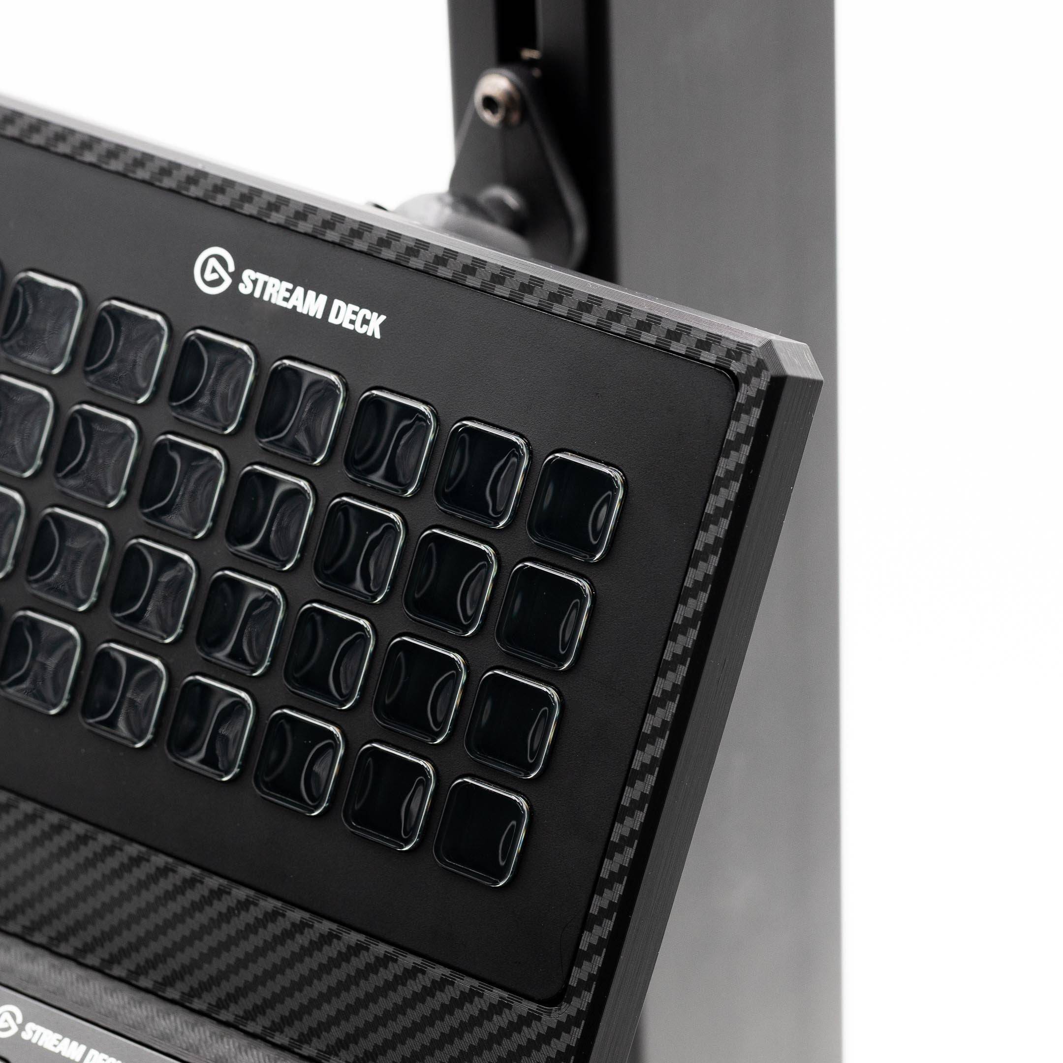 SimSportGadget Stream Deck XL and Plus combo mount showing secure attachment and sleek design for easy access and organization.