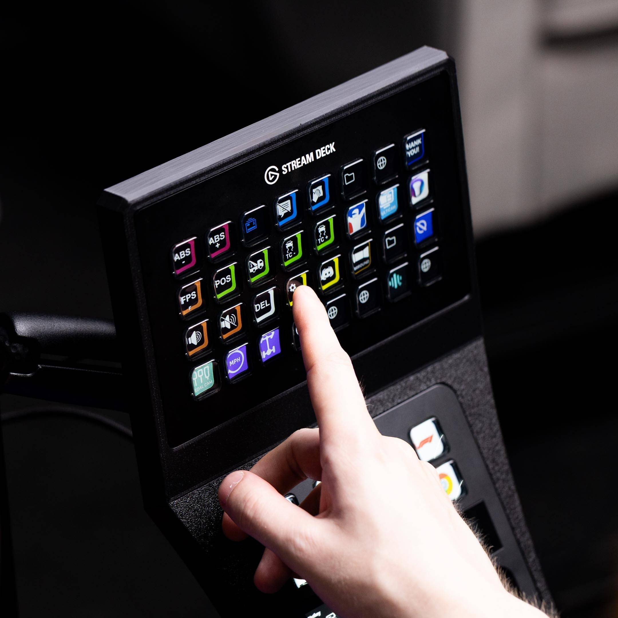 SimSportGadget Stream Deck XL and Plus Combo Console Mount showing secure, adjustable setup for Stream Deck devices.