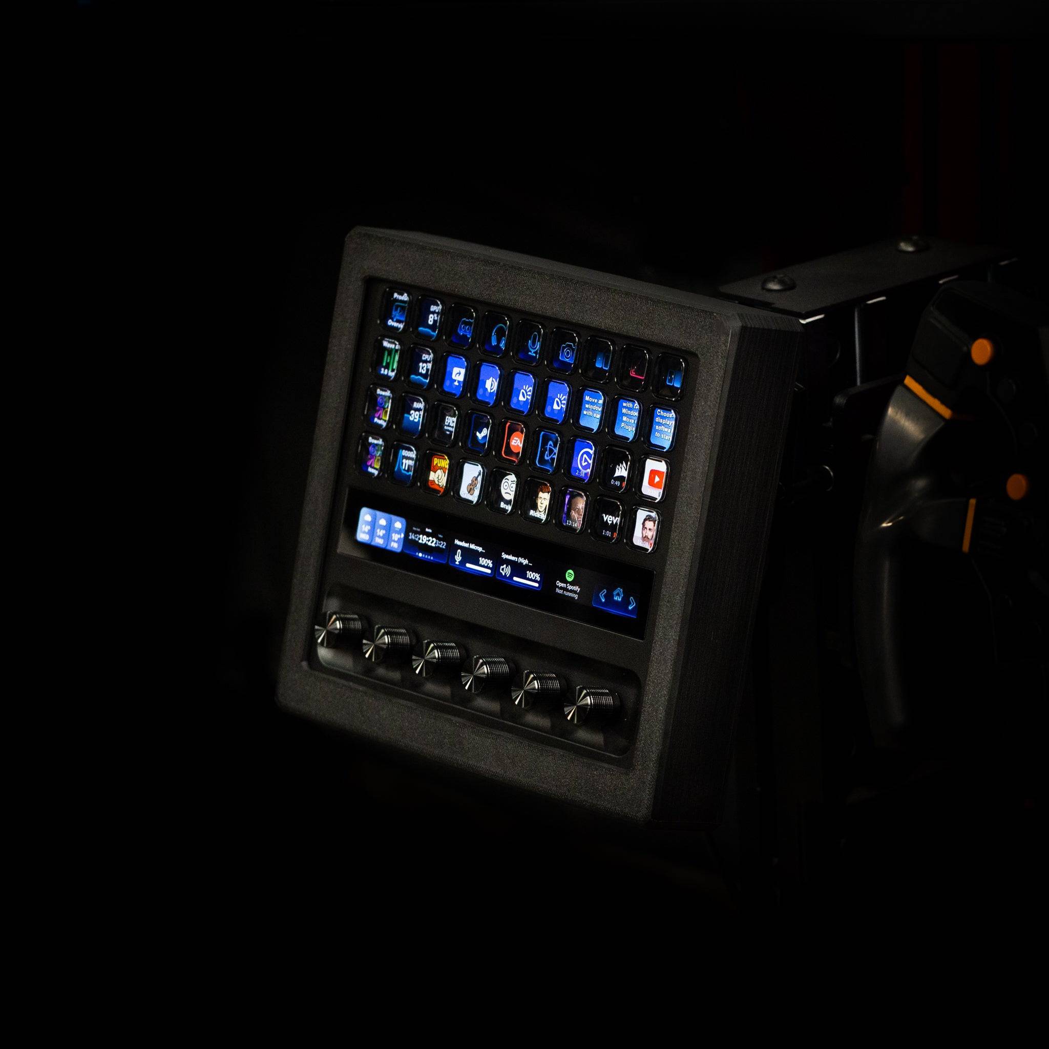 SimSportGadget Stream Deck+ XL enclosure with metal swivel mount, showing the sturdy black mount and compact design for streaming setups.