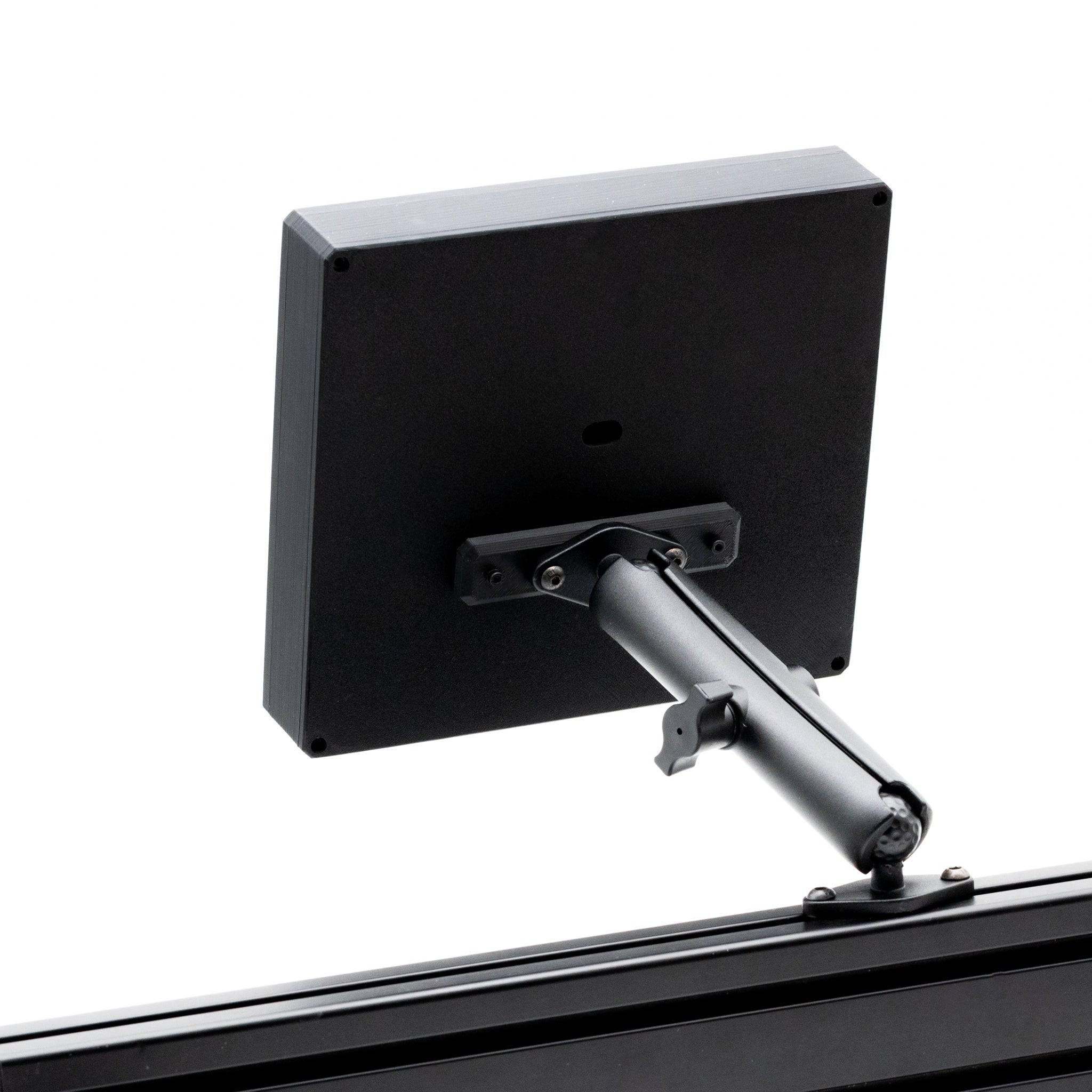 SimSportGadget Stream Deck + XL enclosure with metal swivel mount on a desk, showcasing customizable control buttons and mounting features.