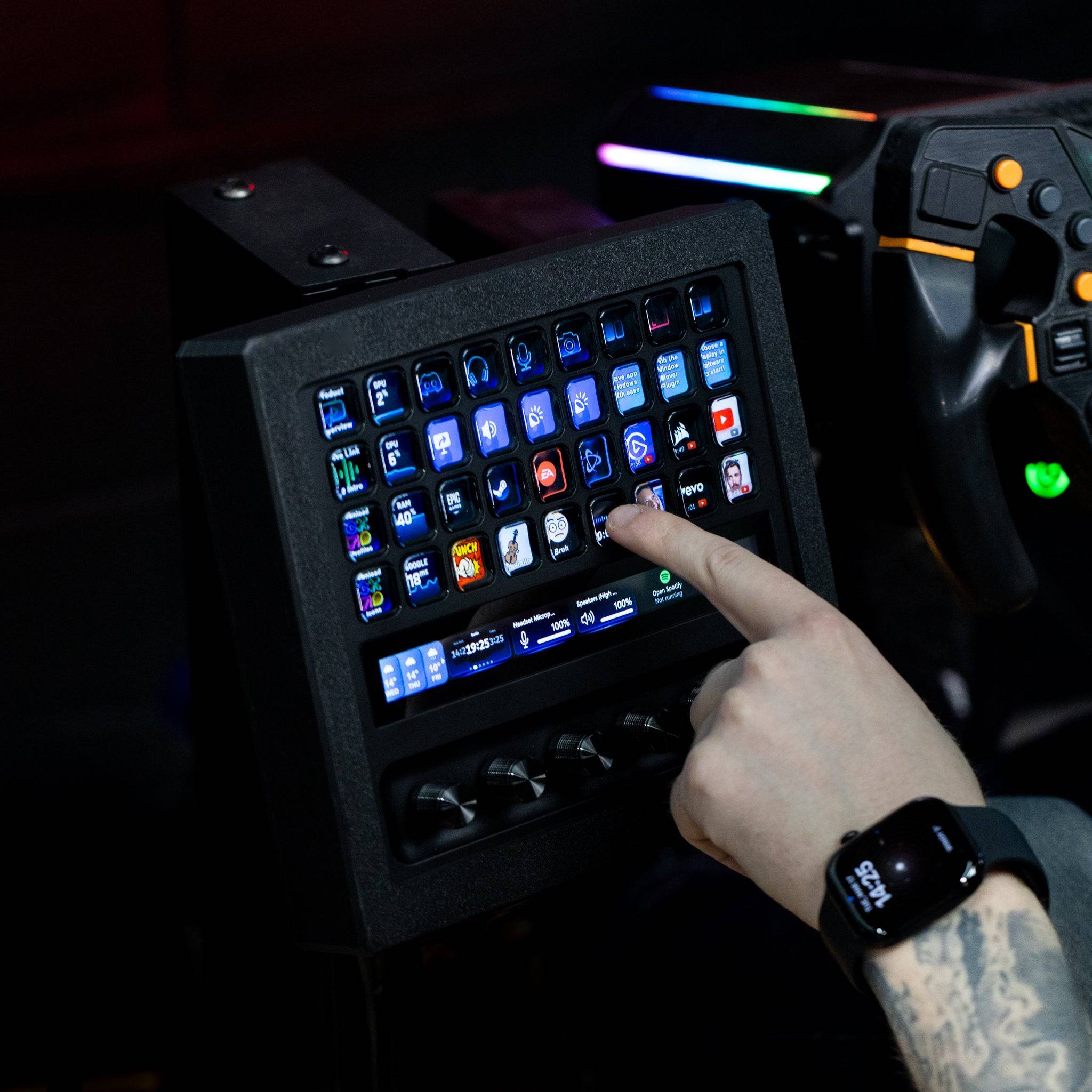 SimSportGadget Stream Deck + XL enclosure with metal swivel mount for secure, adjustable mounting of streaming control devices.