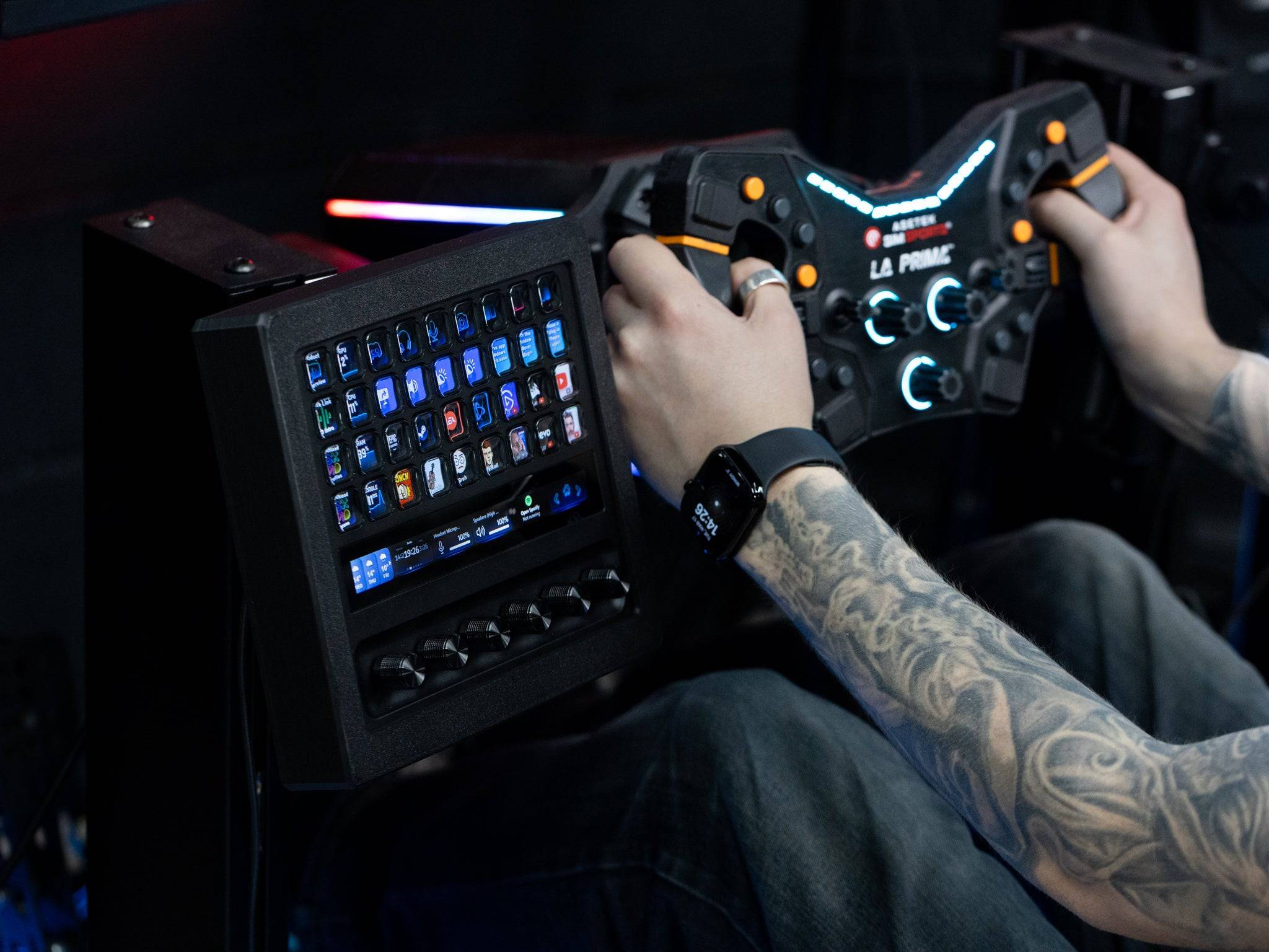 SimSportGadget Stream Deck + XL enclosure with metal swivel mount, showing the compact mount design with the Stream Deck device.