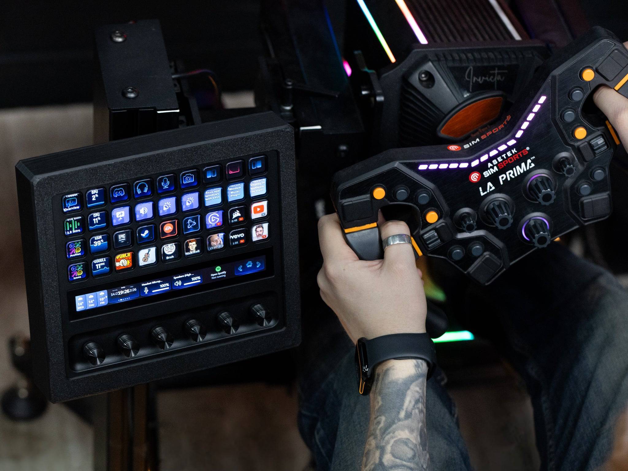 SimSportGadget Stream Deck + XL enclosure with metal swivel mount, showing a compact, customizable gaming or streaming control device