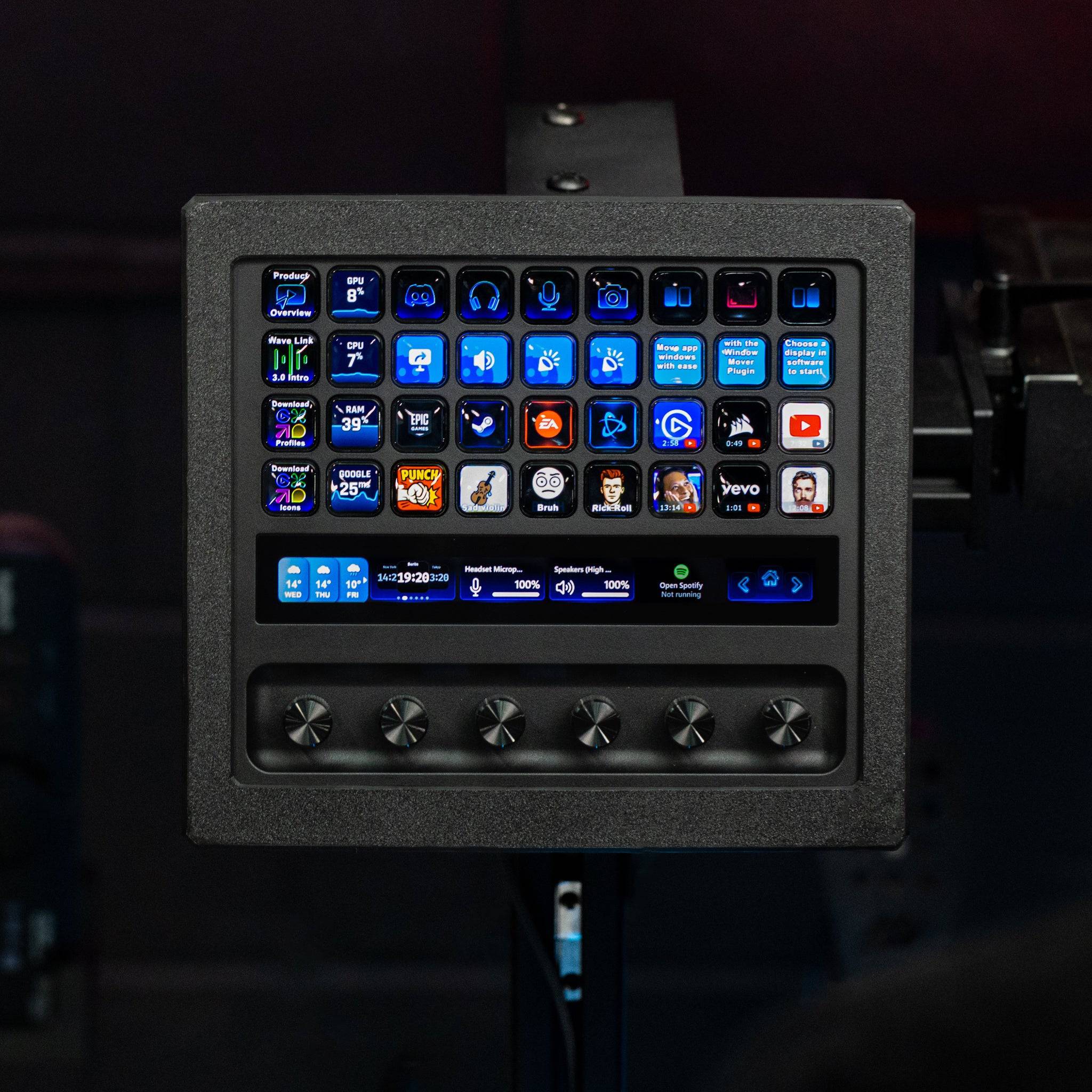 SimSportGadget Stream Deck + XL enclosure with metal swivel mount, showing the mounted Stream Deck device in a sleek enclosure.