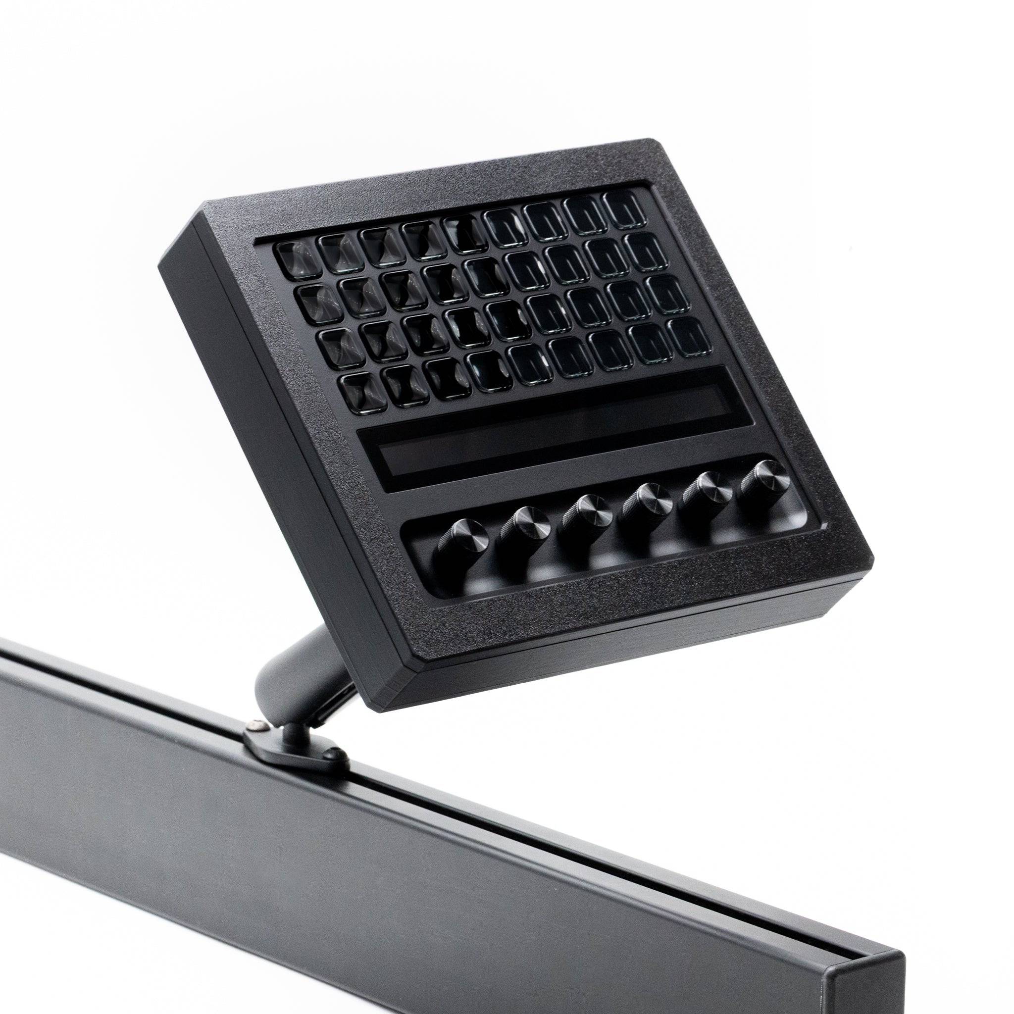 SimSportGadget Stream Deck + XL enclosure with metal swivel mount, showing the mounted Stream Deck device in a sturdy enclosure