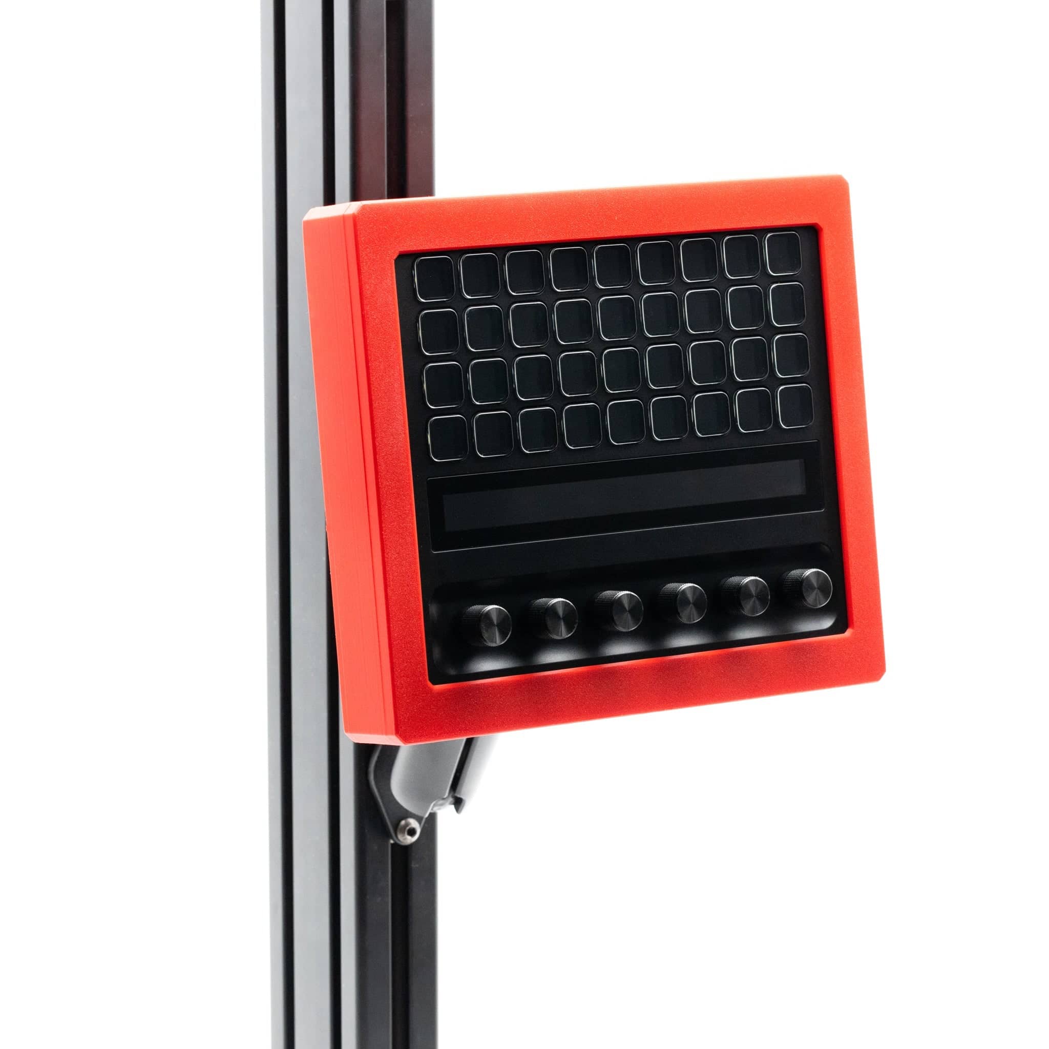 SimSportGadget Stream Deck + XL enclosure with metal swivel mount, showing the red Stream Deck device secured inside the mount.