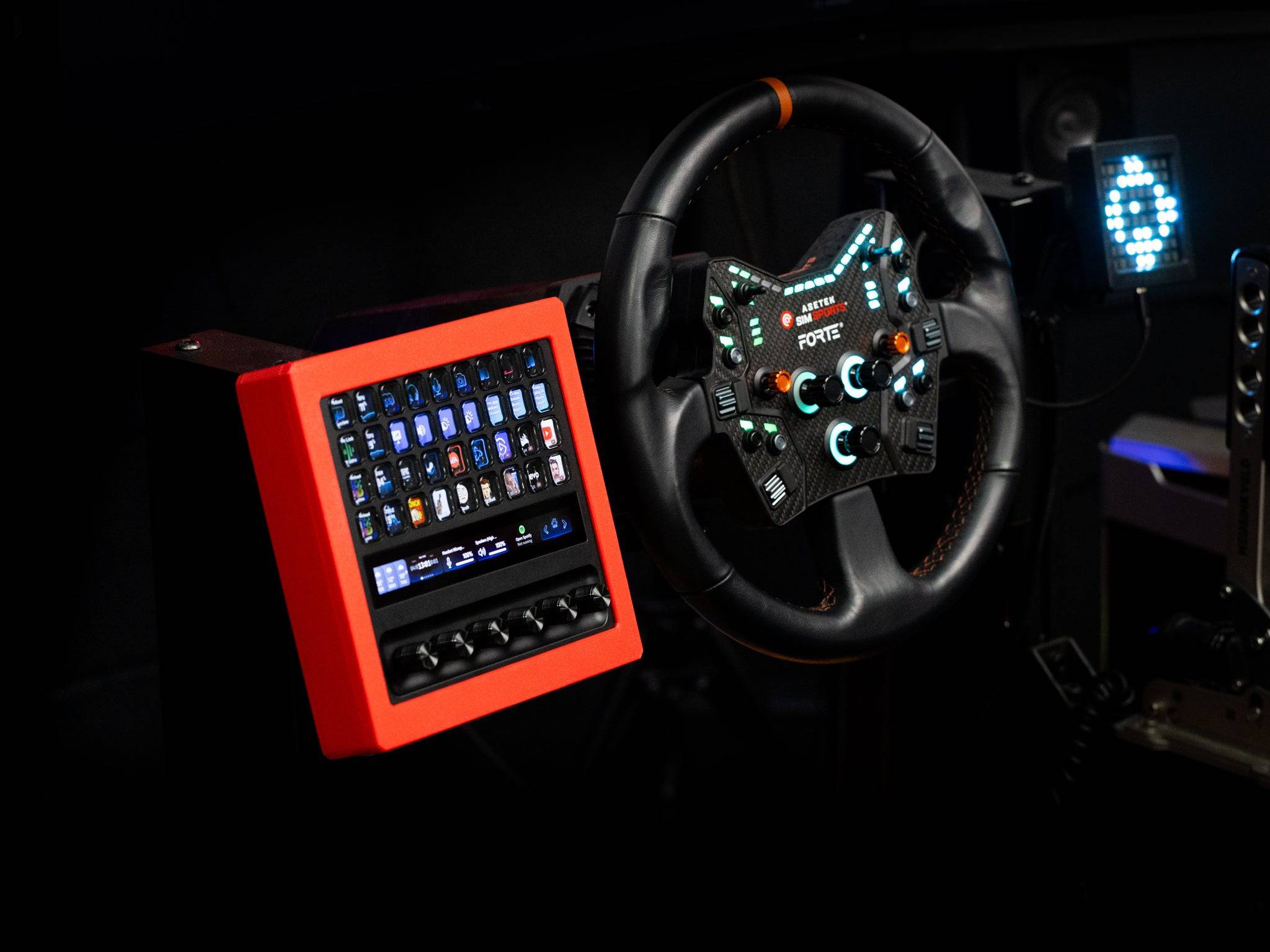 SimSportGadget Stream Deck Plus XL enclosure with metal swivel mount in red, showcasing the secure mounting and sleek design.