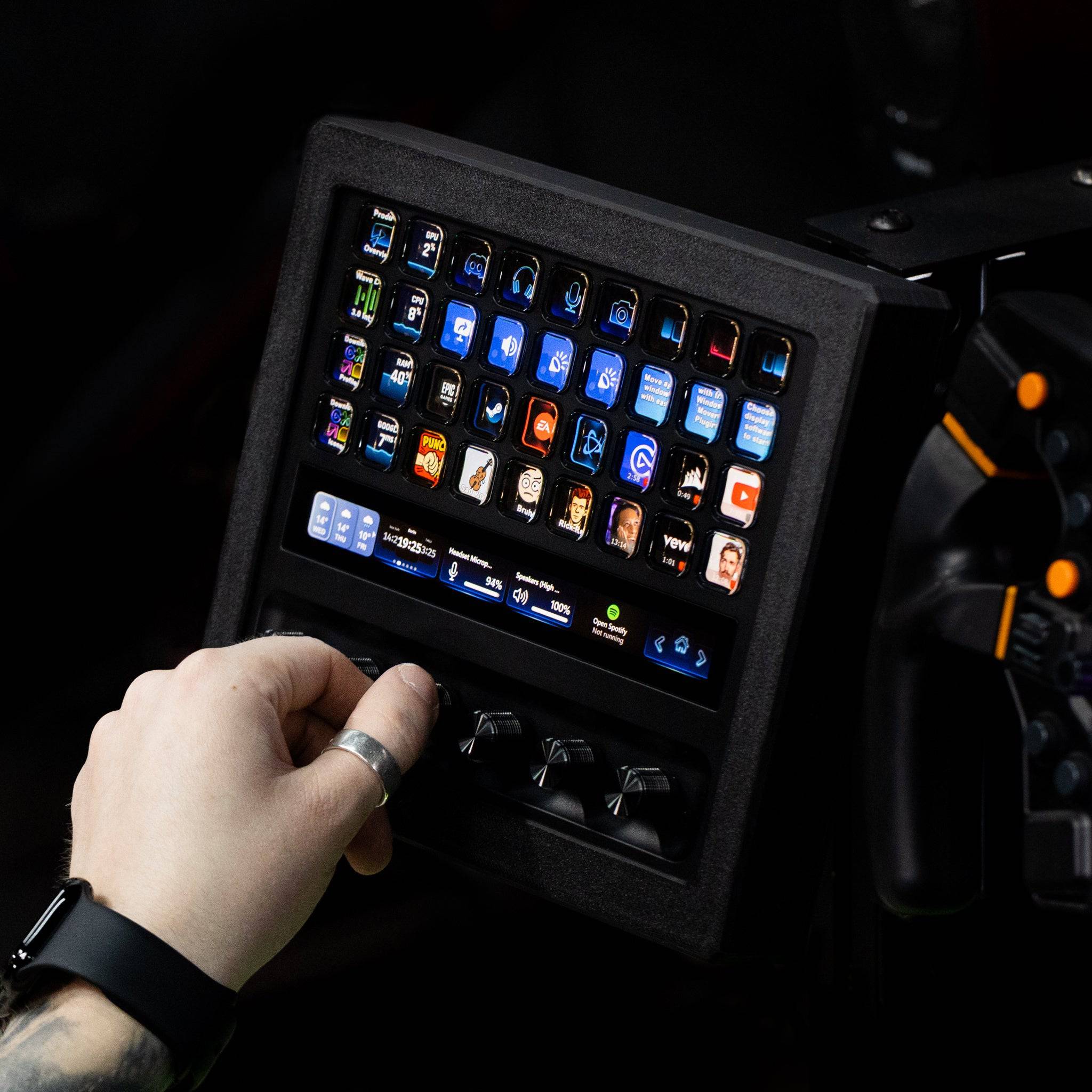 SimSportGadget Stream Deck XL enclosure with metal swivel mount, showing the sleek protective cover and mounting features.
