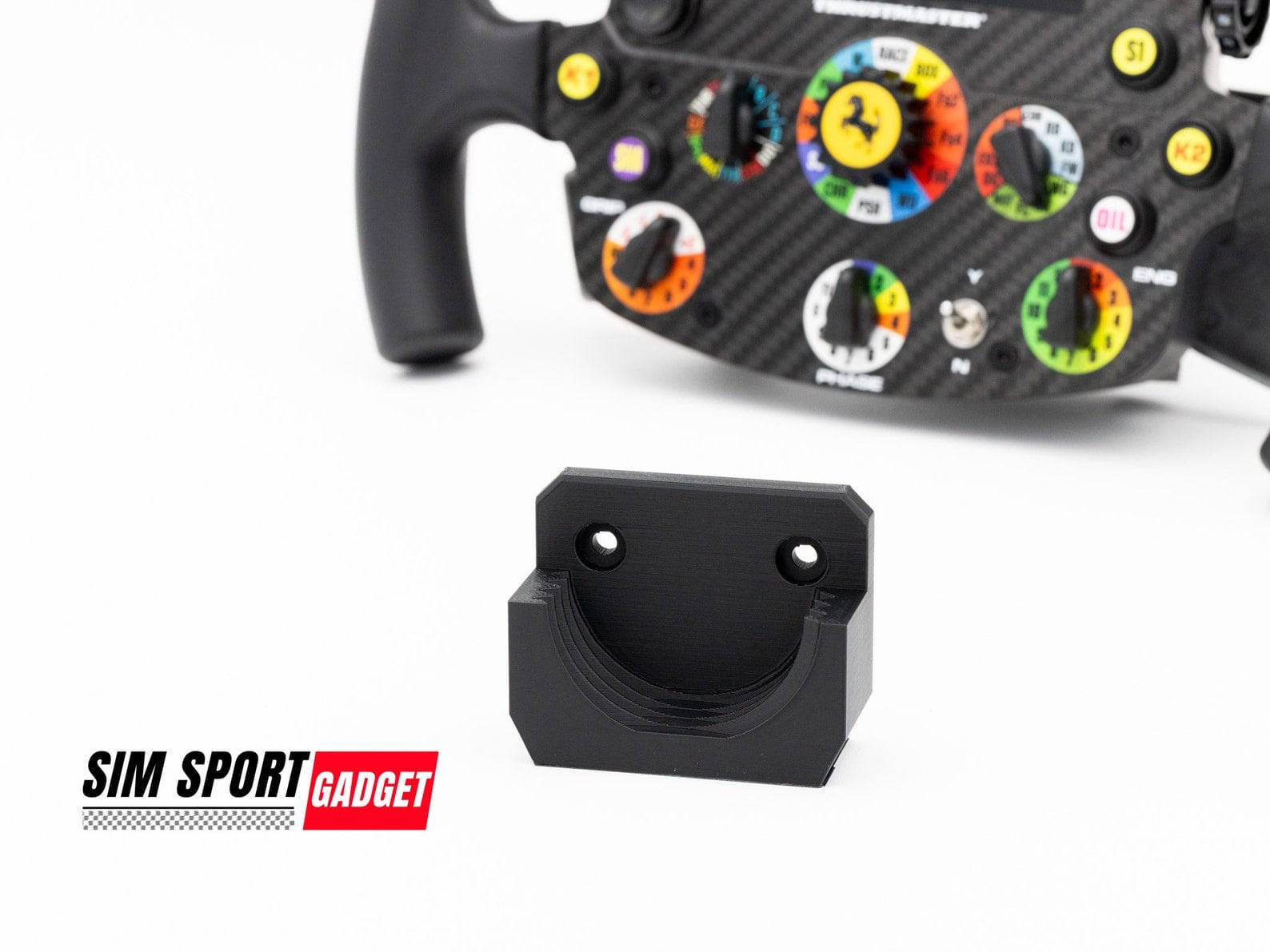 SimSportGadget Thrustmaster wheel wall mount with quick release, drop-in style, designed for secure and easy attachment of racing wheels.