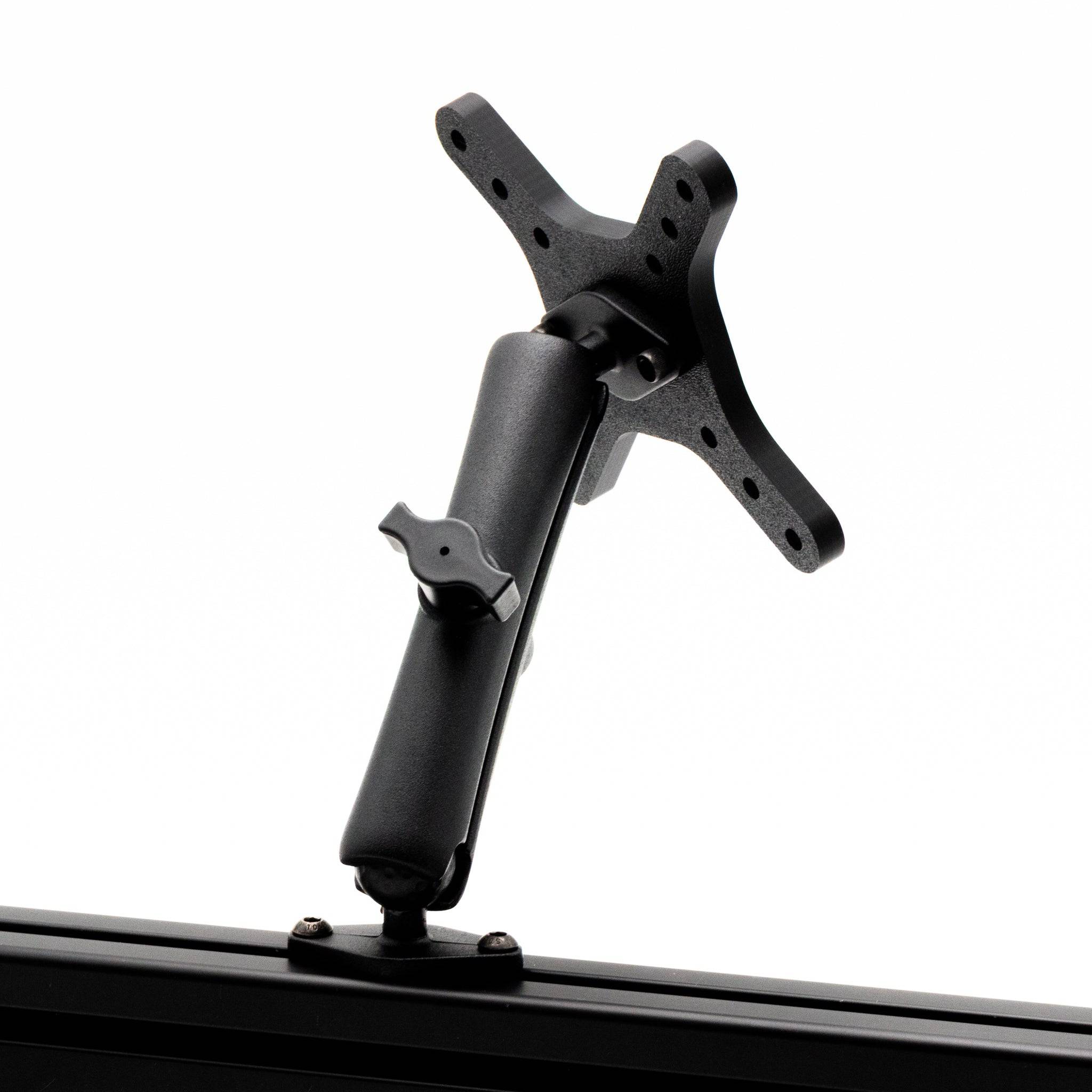 Heavy-duty VESA mount with adjustable arm for sim rig, compatible with 50mm, 75mm, and 100mm VESA patterns, by SimSportGadget.