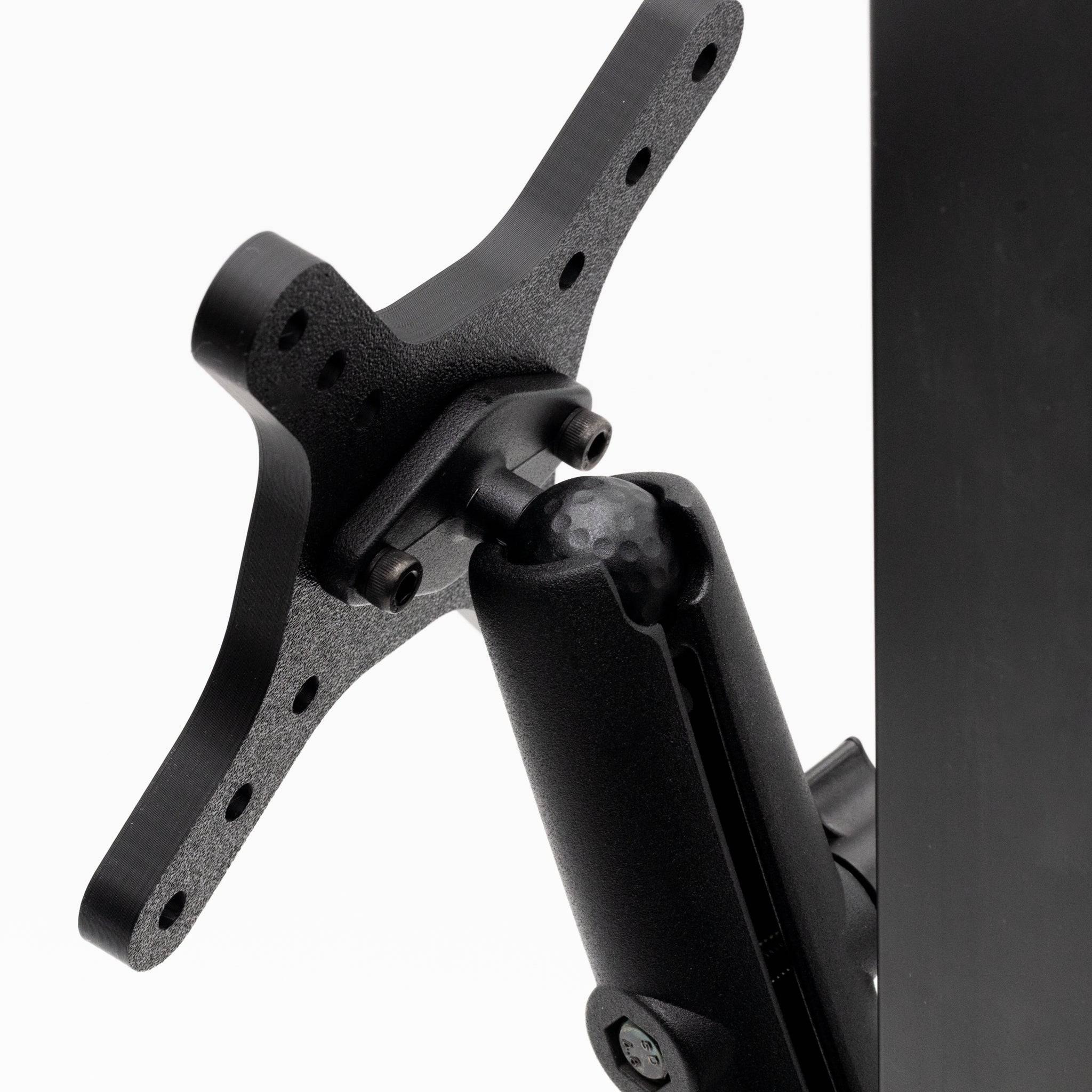 Heavy-duty VESA mount with adjustable arm for sim rig, compatible with 50mm, 75mm, and 100mm mounting patterns by SimSportGadget.