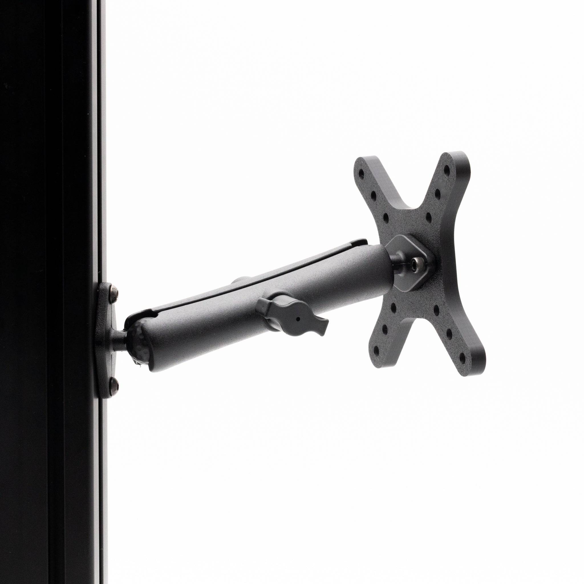 Heavy-duty VESA mount with adjustable arm for sim rig, compatible with 50mm, 75mm, and 100mm mounts, by SimSportGadget.