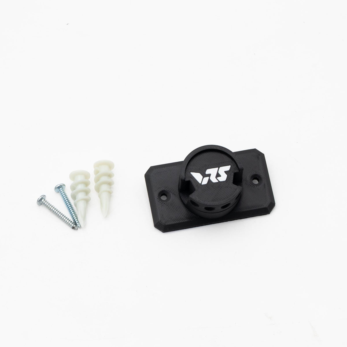 SimSportGadget wheel wall mount with VRS quick release logo for securing racing wheels on a wall display
