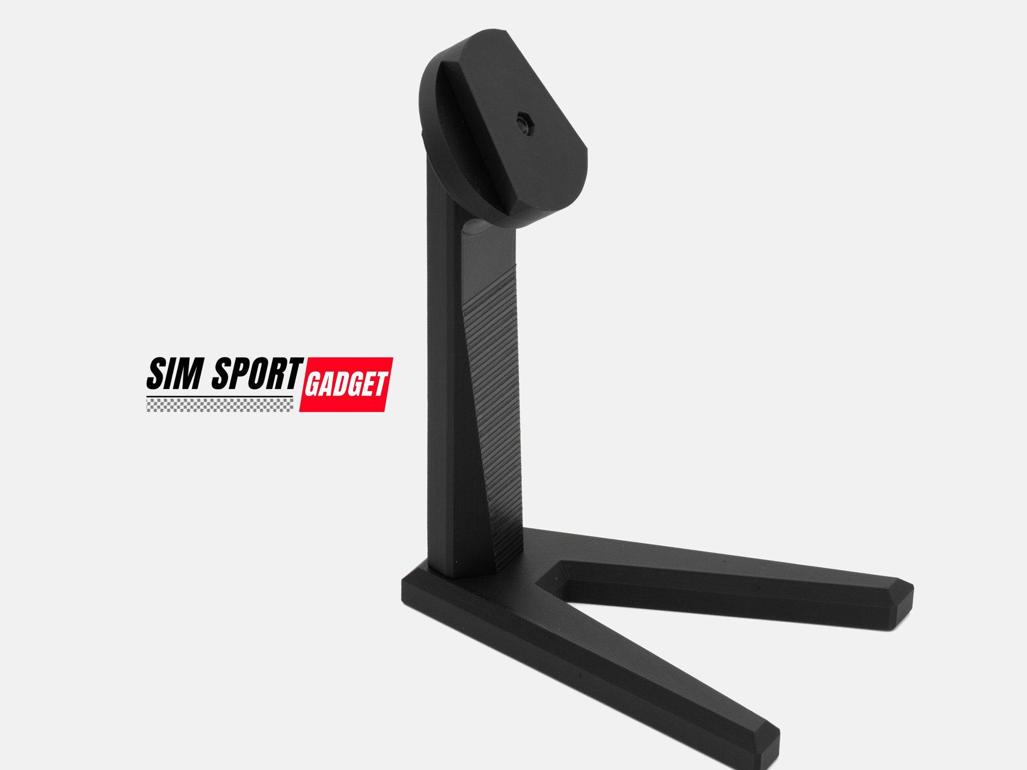 SimSportGadget wheel display stand for sim racing steering wheels, showcasing the sturdy stand with mounted racing wheel accessory.