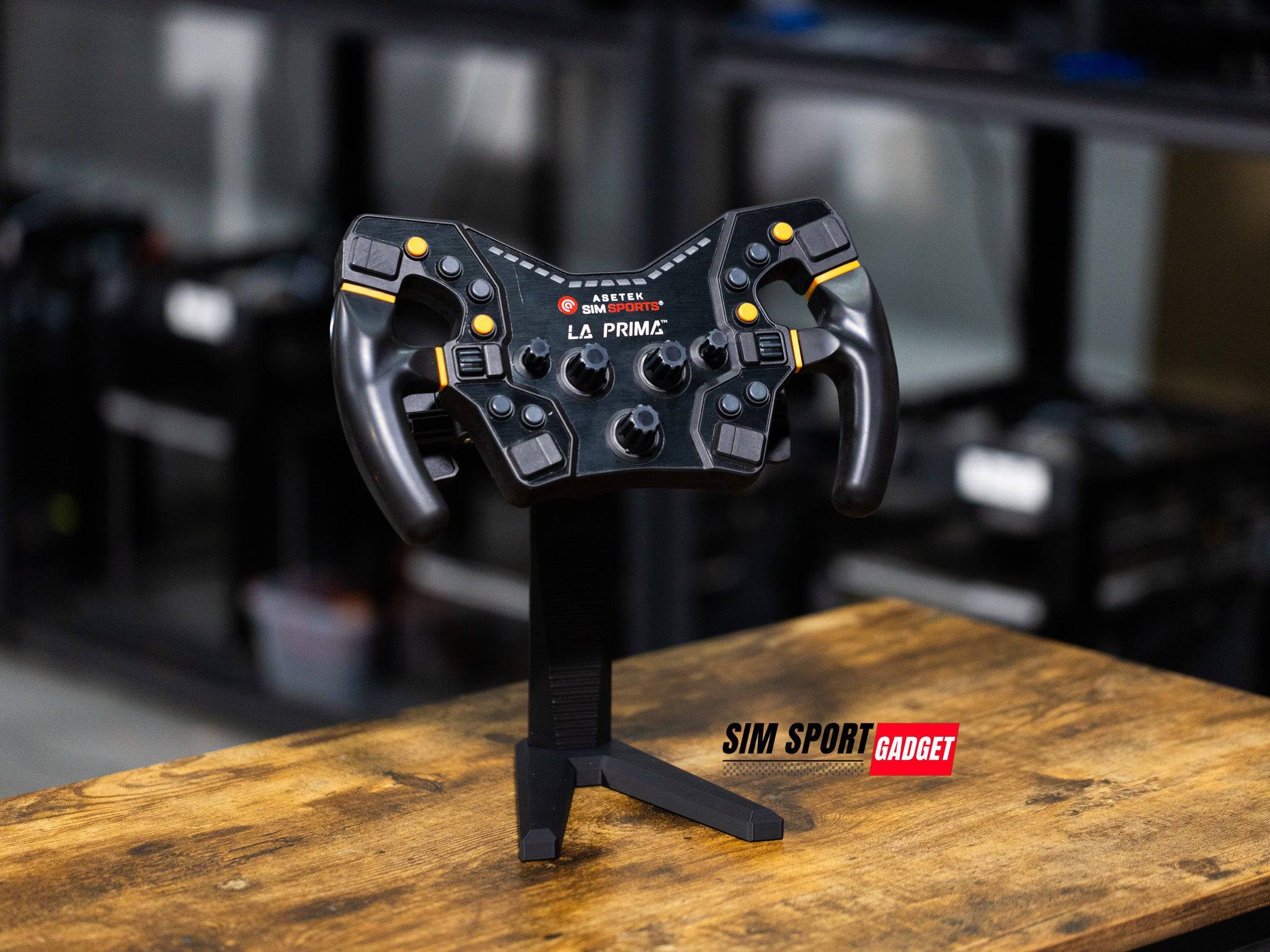 SimSportGadget wheel display stand for sim racing steering wheels, showcasing a sturdy, adjustable rack for wheel rim accessories.