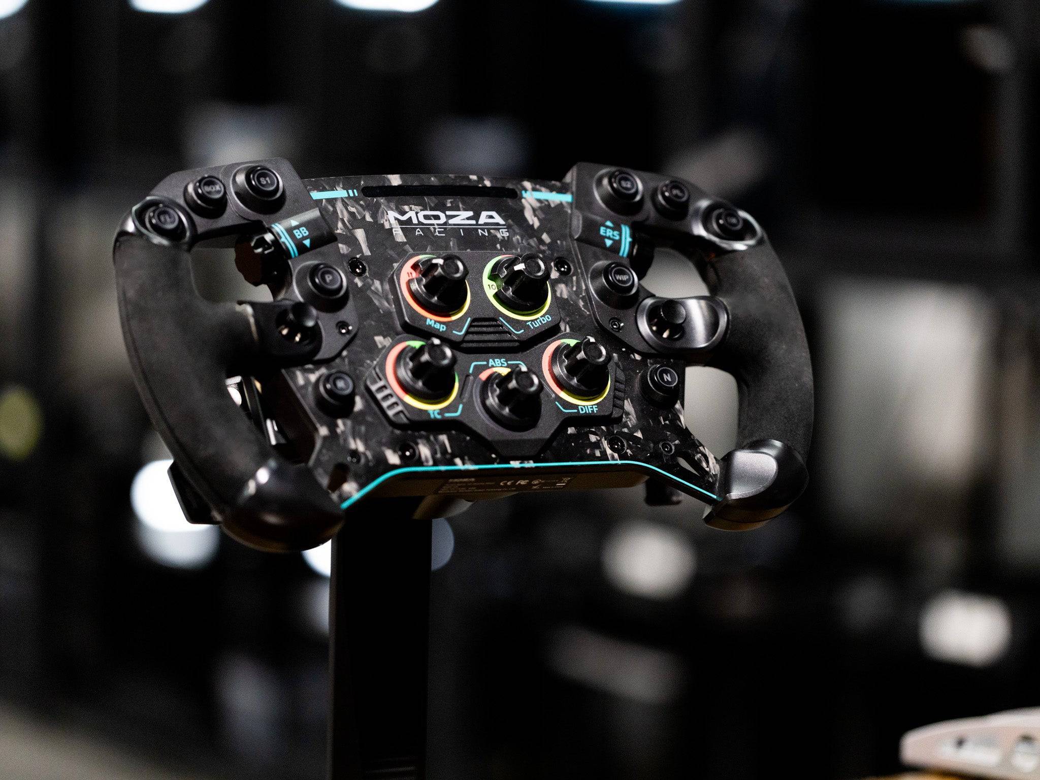 SimSportGadget wheel display stand for sim racing steering wheels, showing the sturdy stand holding a racing wheel rim.