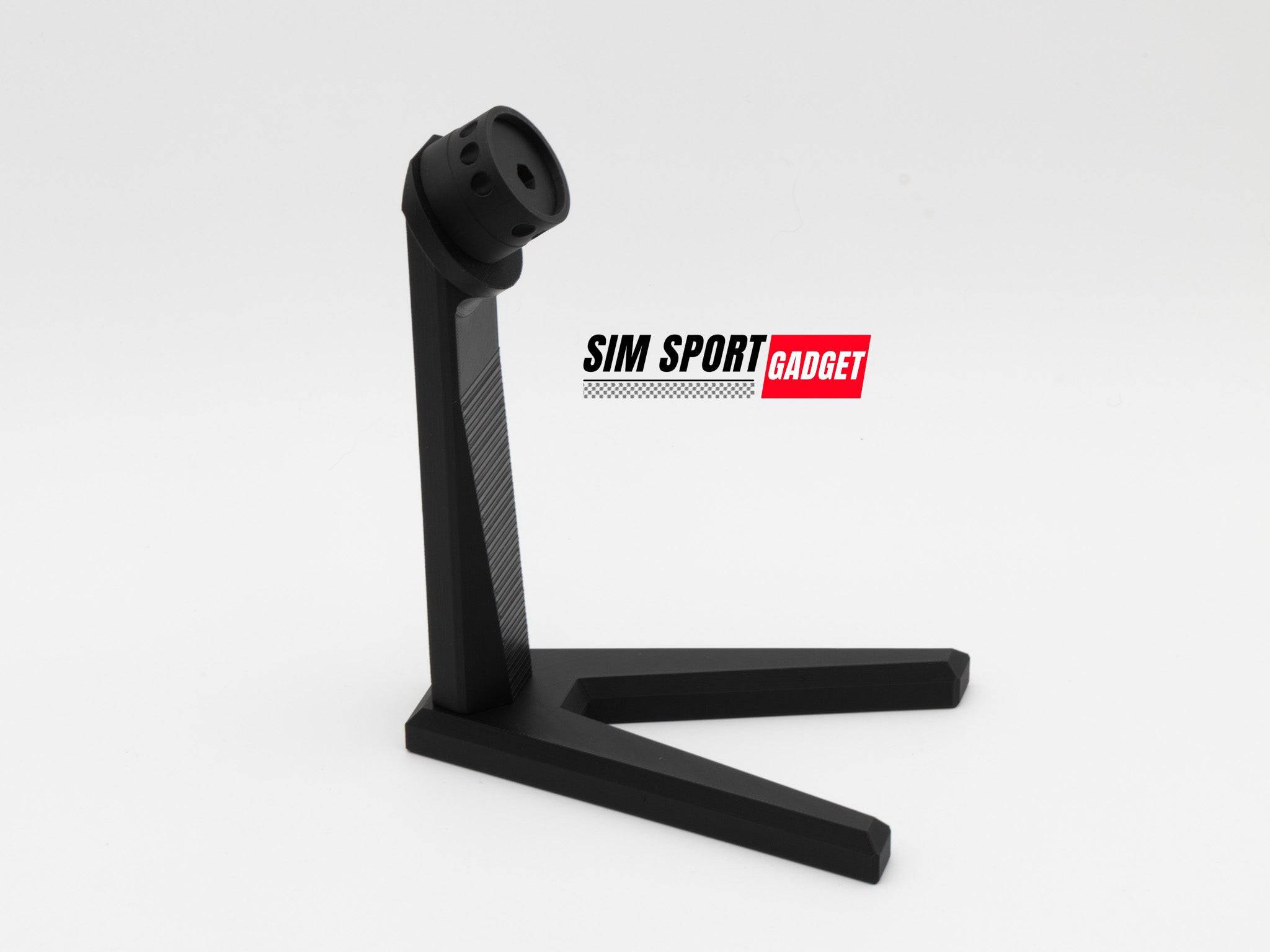 SimSportGadget wheel display stand for sim racing steering wheels, showcasing a sturdy, adjustable rim accessory for gaming setups.