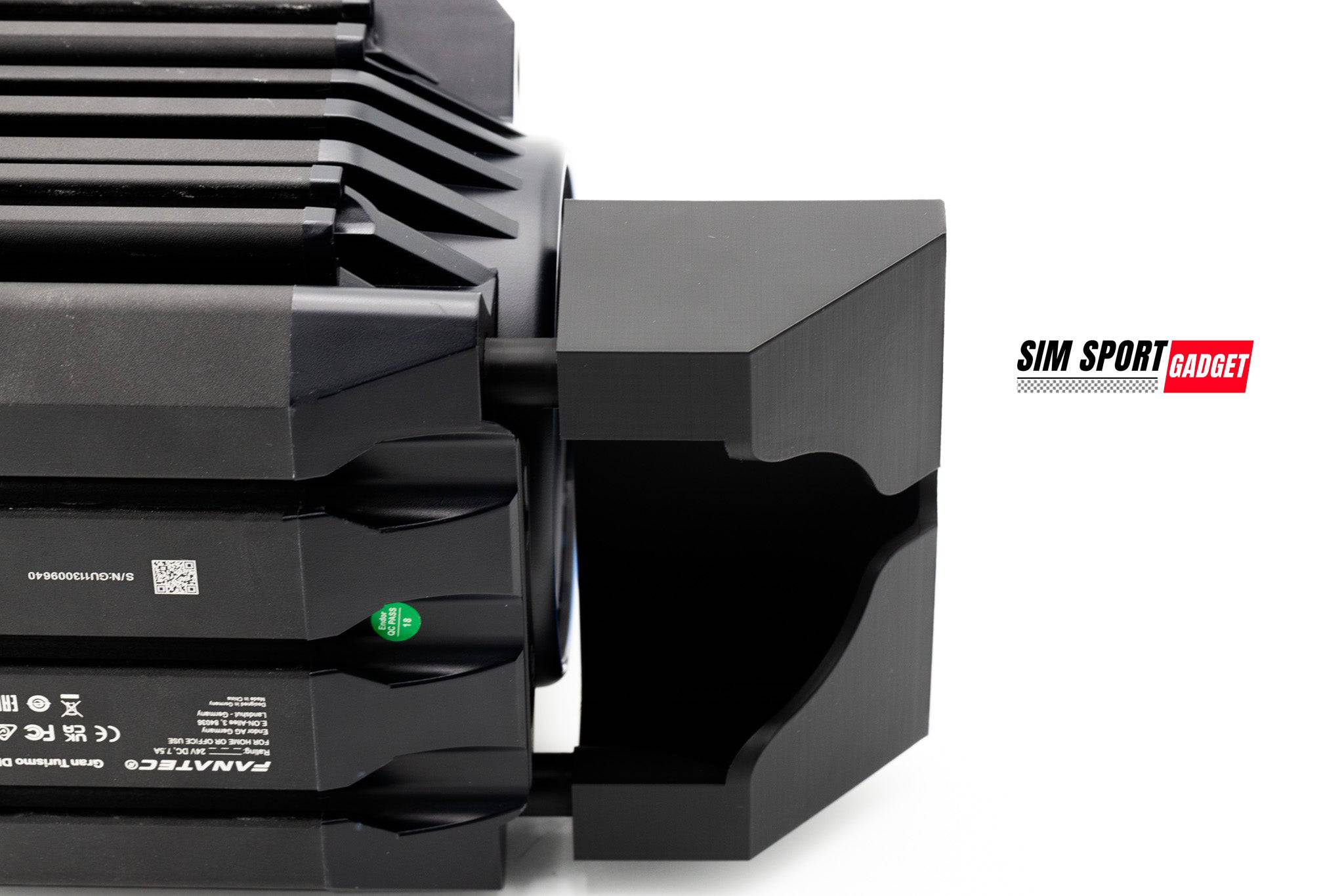 SimSportGadget Fanatec DD Pro cable protector mounted on a wood track accessory for racing sim setup.