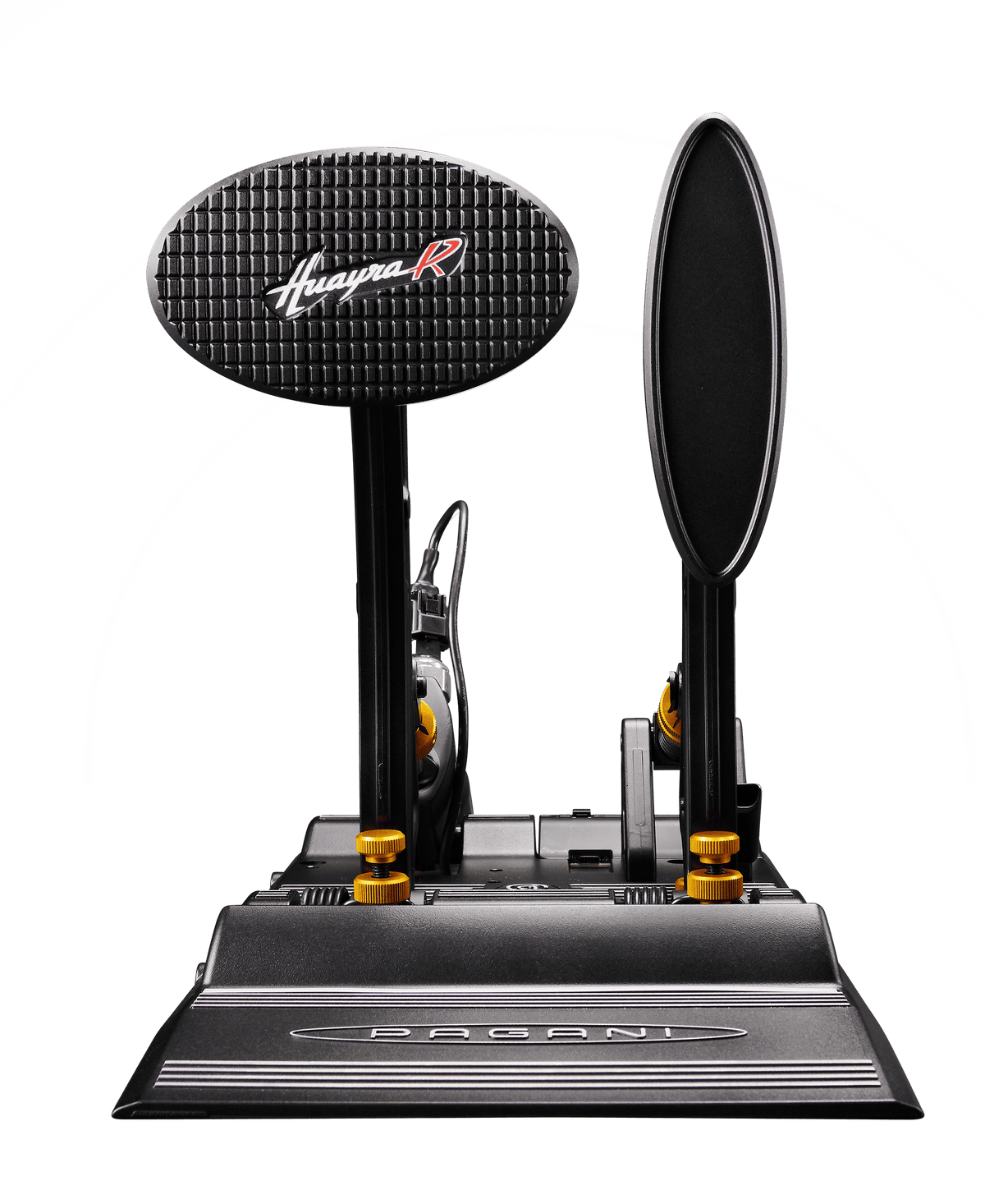 Asetek SimSports Pagani Huayra R sim racing pedals showing metal footplates and adjustable pedal positions for racing simulation.
