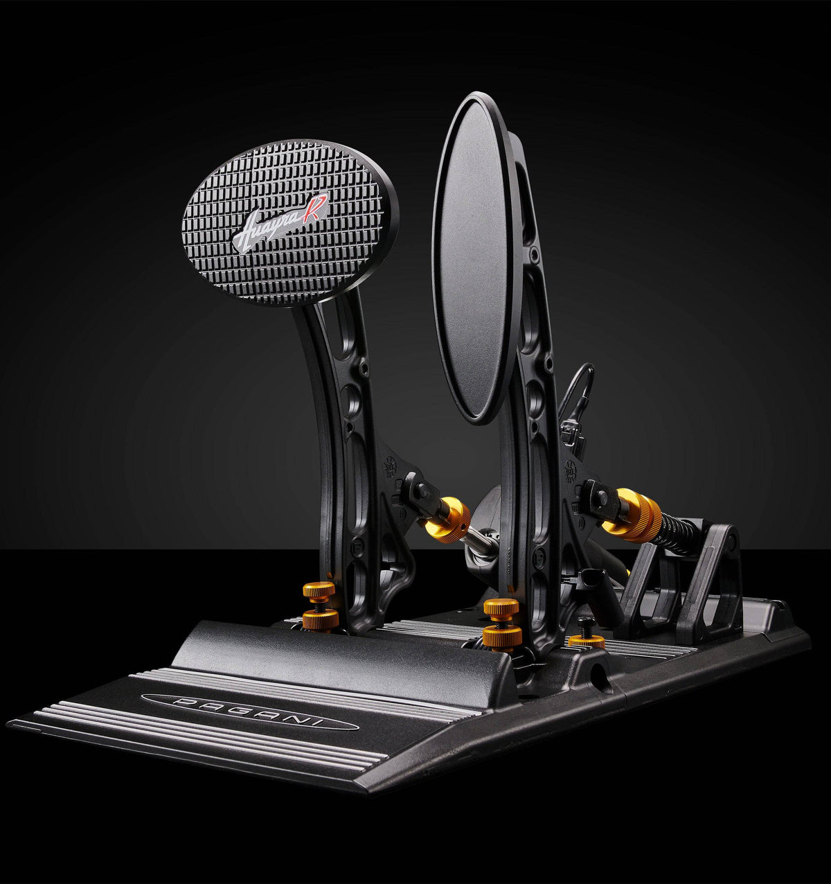Asetek SimSports Pagani Huayra R sim racing pedals with metal footplate and adjustable brake and throttle pedals for racing games.