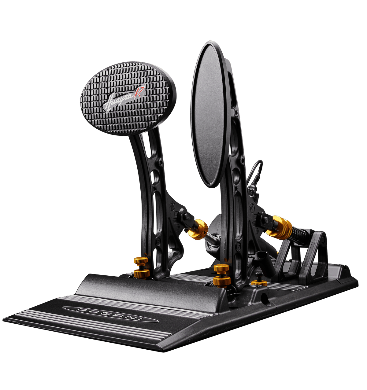 Asetek SimSports Pagani Huayra R sim racing pedals shown on a racing setup with detailed pedal design and branding.