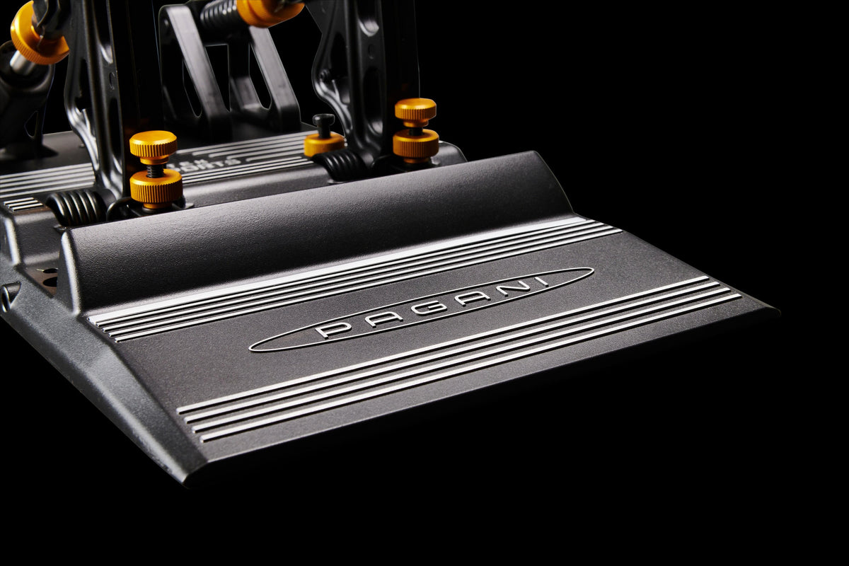 Asetek SimSports Pagani Huayra R sim racing pedals with metal footplates and adjustable brake and accelerator pedals.
