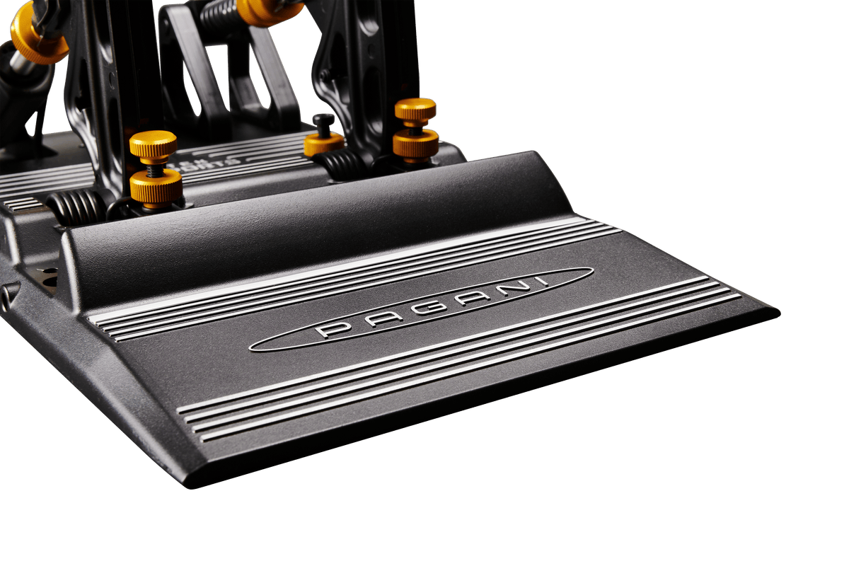 Asetek SimSports Pagani Huayra R sim racing pedals mounted on a racing simulator setup with detailed footplates and adjustment knobs.
