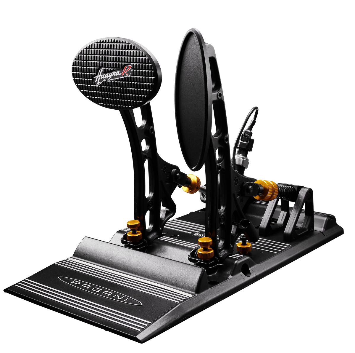 Asetek SimSports Pagani Huayra R sim racing pedals mounted on a racing simulator setup.