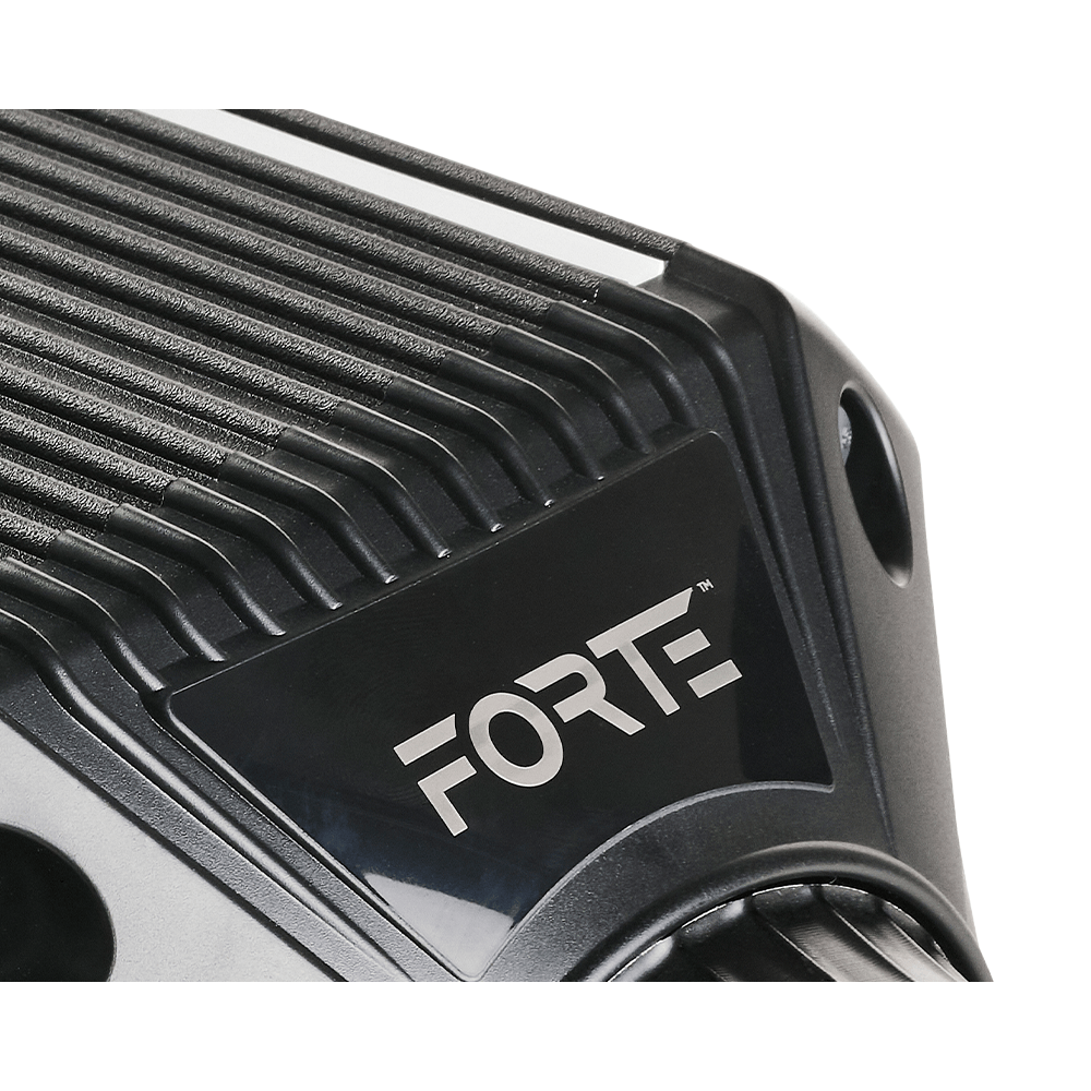 Close-up of Asetek SimSports Forte Direct Drive Wheelbase 18Nm showing sleek design and control interface.