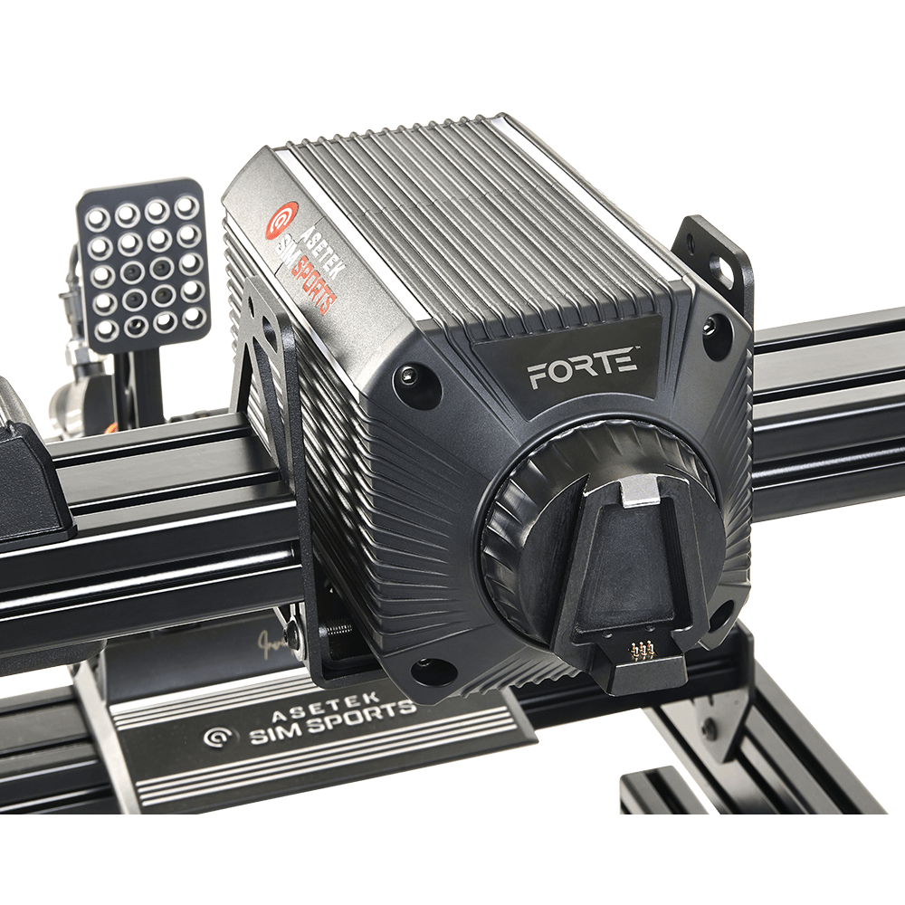 Asetek SimSports Forte Direct Drive Wheelbase 18Nm mounted on a racing rig, showcasing its sleek design and controls.