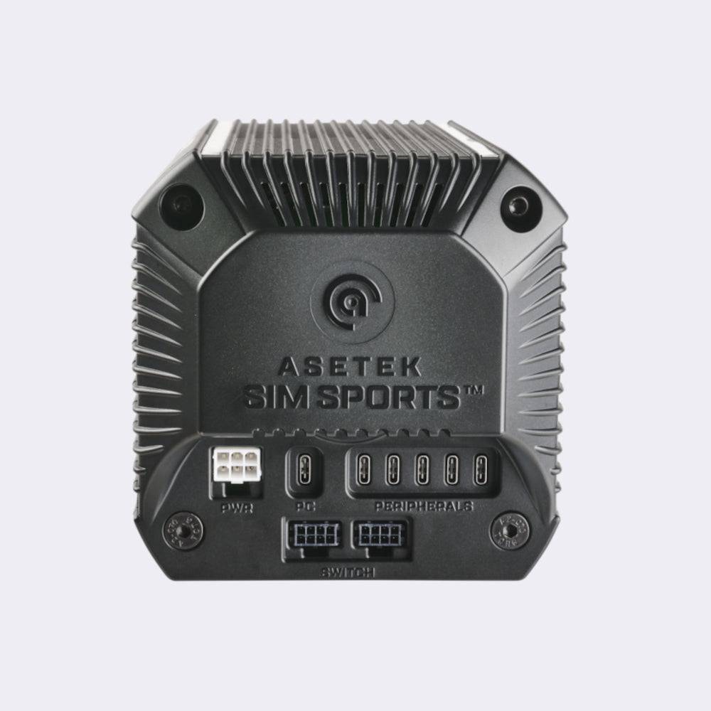Asetek SimSports Forte Direct Drive Wheelbase 18Nm showing the back view with connection ports and controls.