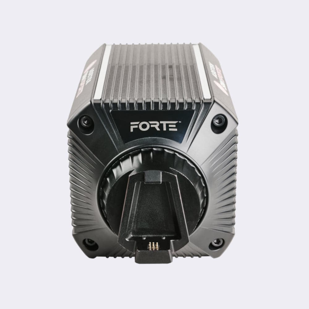 Asetek SimSports Forte Direct Drive Wheelbase 18Nm showing front view with sleek black design and control interface.