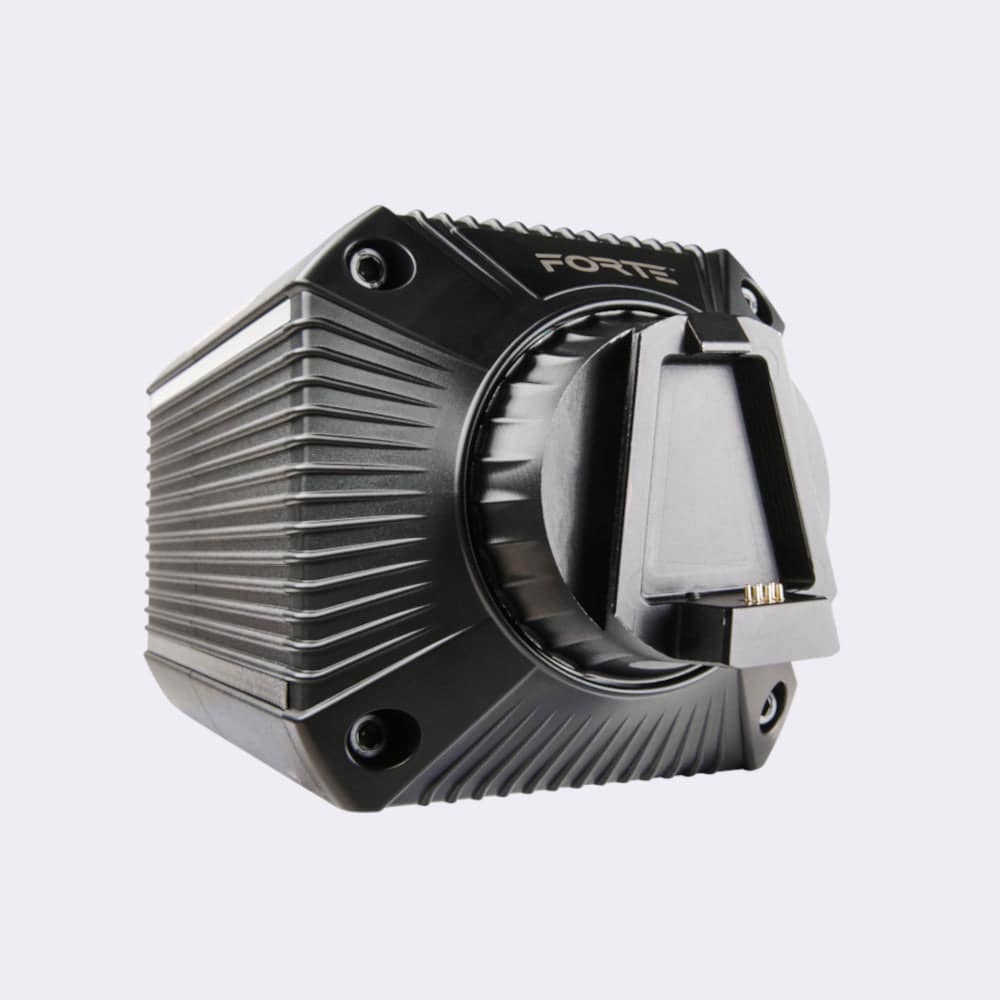 Asetek SimSports Forte Direct Drive Wheelbase with 18Nm torque, front view showing sleek design and control interface.