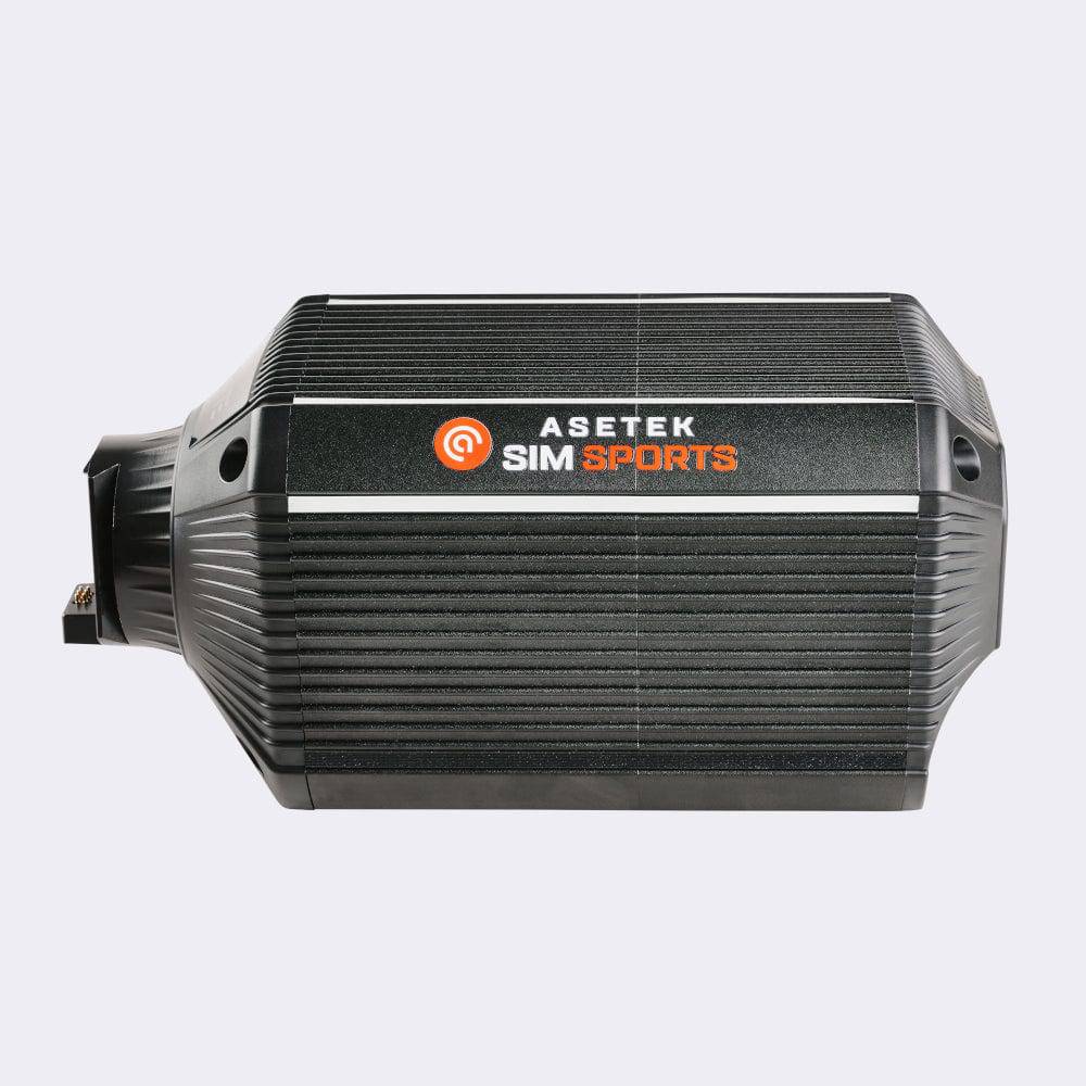 Asetek SimSports Forte Direct Drive Wheelbase 18Nm with left side view, showcasing the high-performance racing wheelbase for sim racing.