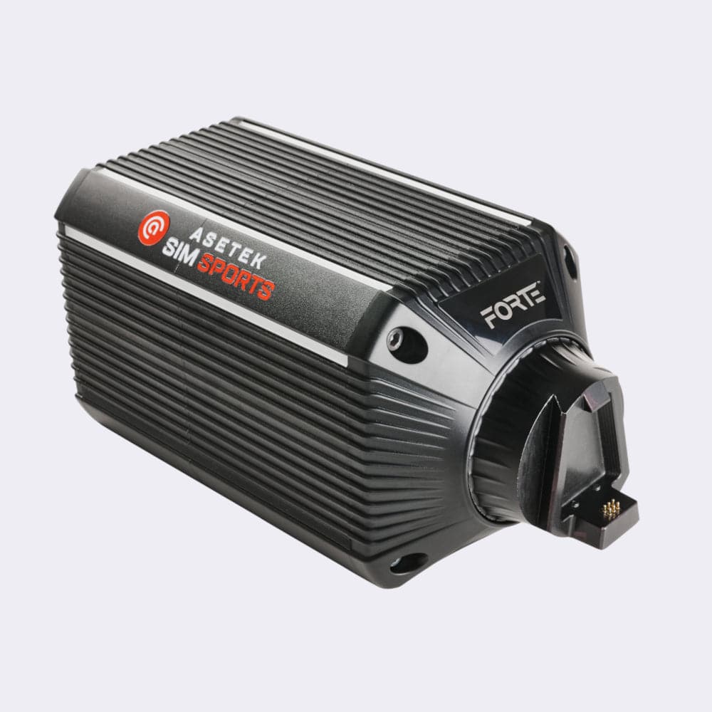 Asetek SimSports Forte Direct Drive Wheelbase 18Nm shown from the right side, featuring a sleek black design for sim racing setups.