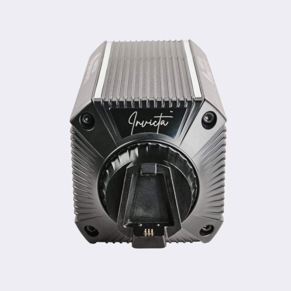 Asetek SimSports Invicta Direct Drive Wheelbase with 27Nm torque, shown from the front, showcasing its sleek design and control interface.