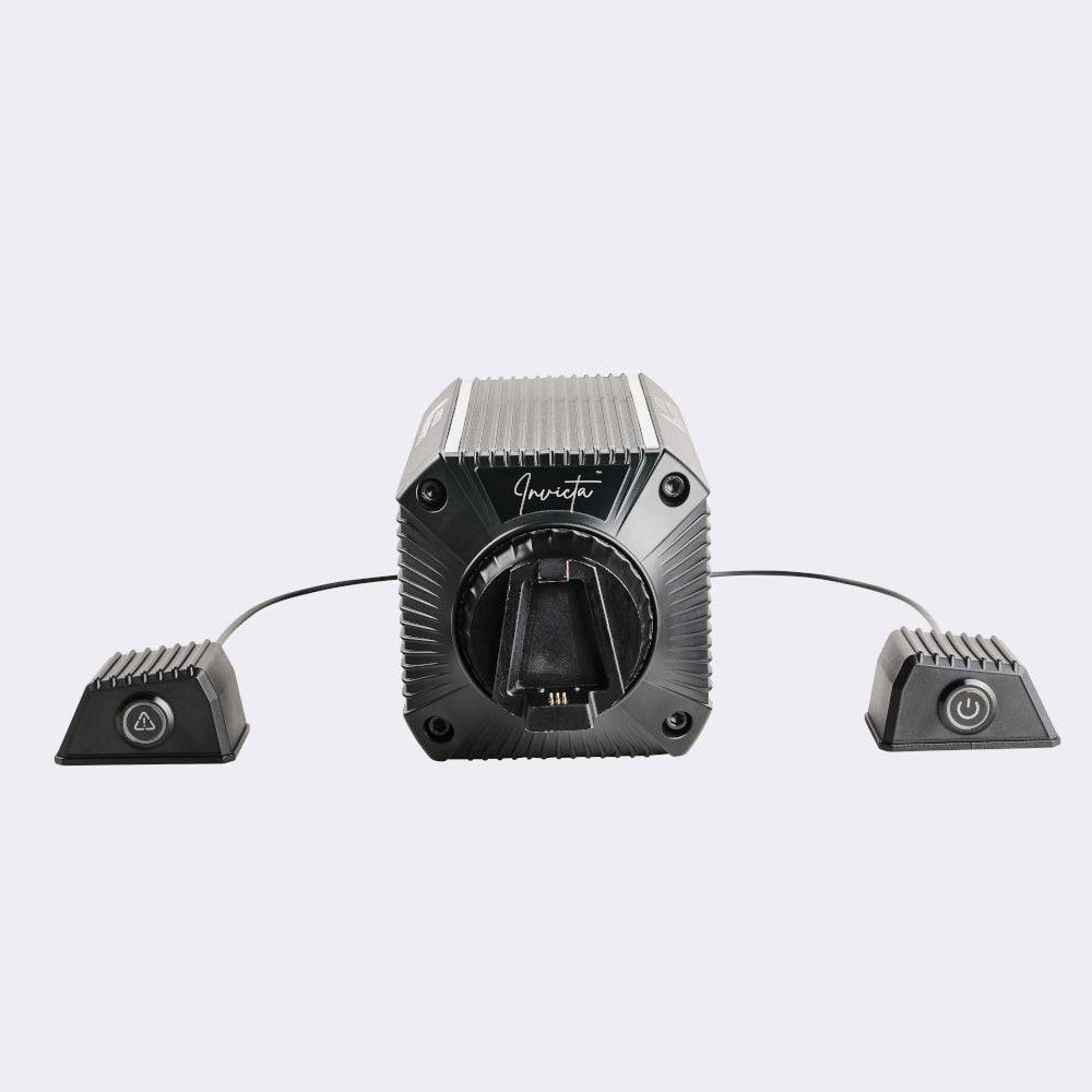 Asetek SimSports Invicta Direct Drive Wheelbase with front mount, featuring a sleek black design and control buttons on the front panel.