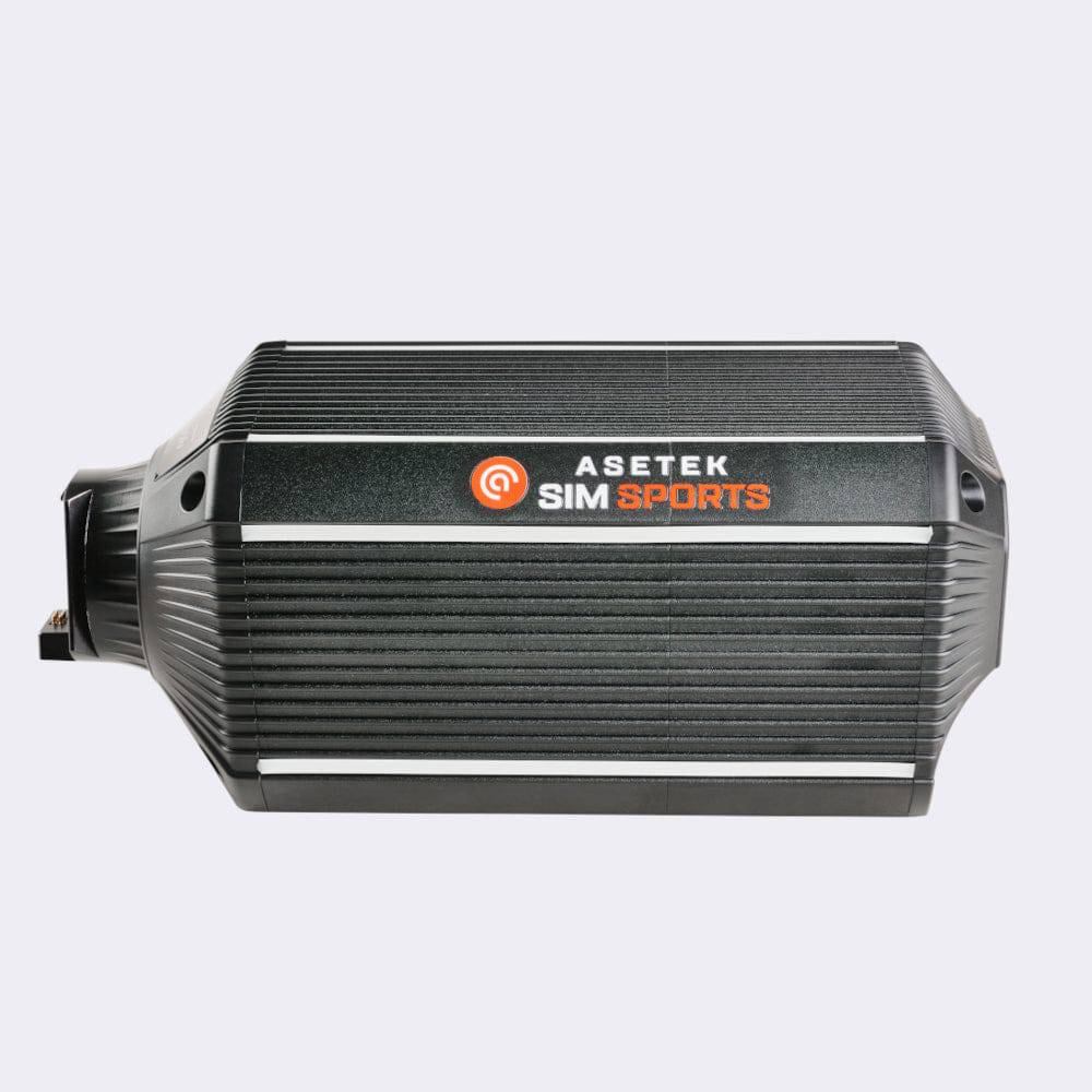 Asetek SimSports Invicta Direct Drive Wheelbase with 27Nm torque, shown from the left side, featuring sleek design and control ports.